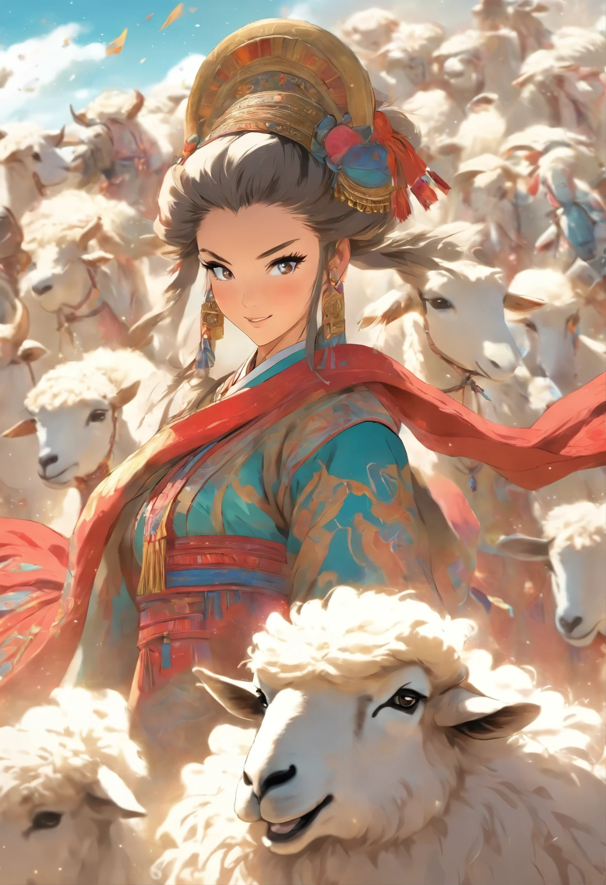 1 woman, Wear traditional Mongolian clothes, gorgeous,Riding a horse, sheep in the back