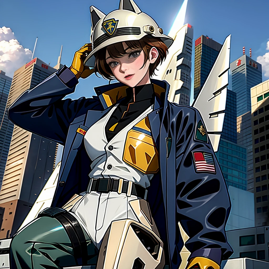ground_destroyed robot from Patlabor, destroyed civil robot from Patlabor, Ingram of Patlabor, brown_hair, jacket, sitting, gloves, long_sleeves, pants, patlabor, 1girl, sky, necktie, yellow_neckwear, riding, shirt, outdoors, police_uniform, collared_shirt, helmet, vest, bangs, day, police, smile, white_shirt, blue_sky, standing, shoes, short_hair, blue_jacket, city, from_side, looking_down, headwear_removed, straddling, oldschool, black_footwear, patlabor_uniform, gun, blue_background, shadow, white_gloves, giant robot, science_fiction, blue_pants, boots, bowtie, 1990s_(style), holding, looking_away, open_clothes, black_neckwear, closed_mouth, police woman, open_jacket, blazer, wing_collar, cloud, looking_afar, black_jacket, Ingram of Patlabor in backgroud, destroyed robot in backgroud, destroyed robot from Patlabor
