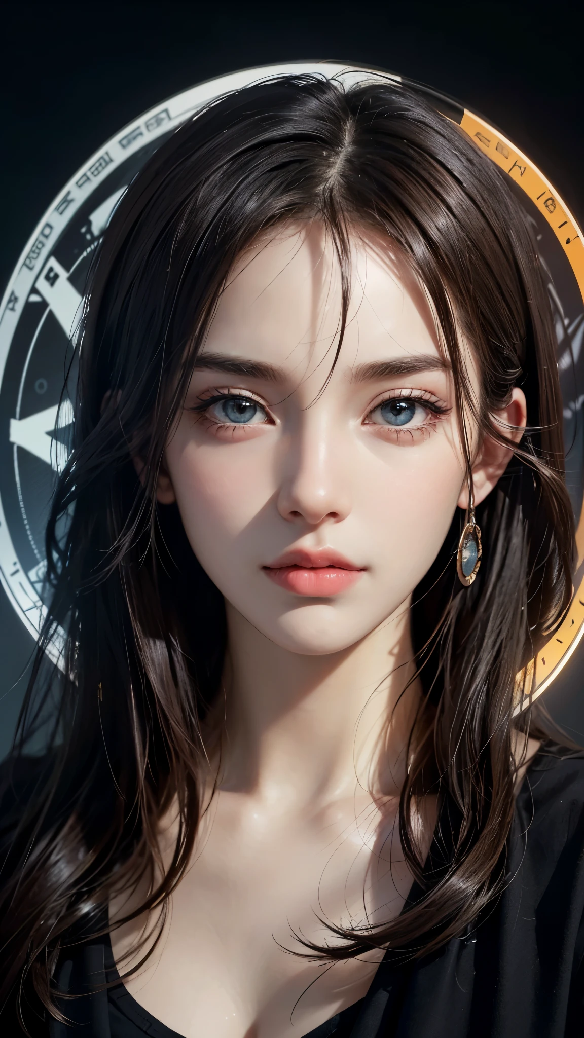 A woman with long hair and blue eyes is posing in front of a clock ...