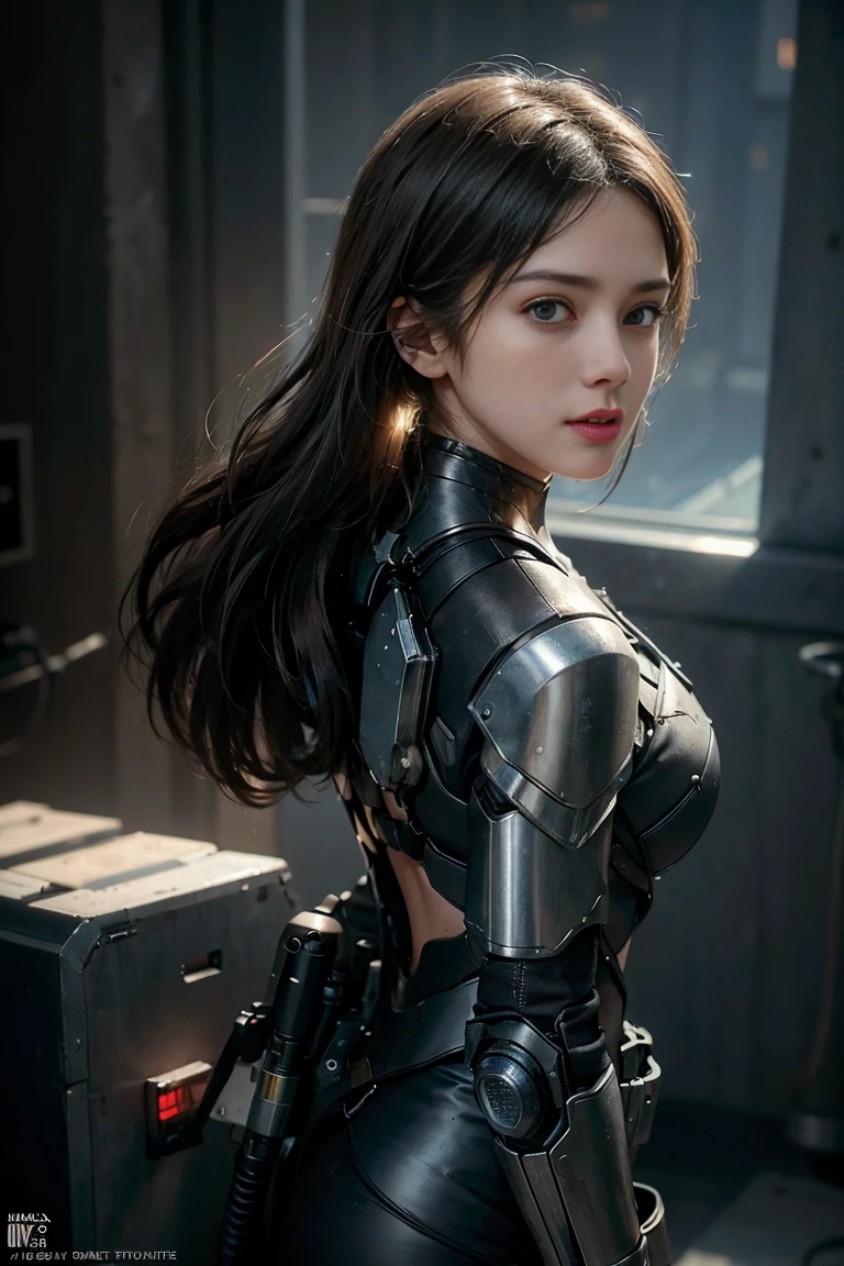 Best quality, super high resolution, beautiful girl as a doomsday killer, (holding very detailed futuristic technology firearms), very detailed hair, 1 girl, super resolution, very detailed face, very detailed light and shadow, ((full body)), with wires around the neck, (vista), realistic sci-fi cyberpunk power armored machine girl, close-up portrait film, 8k, HDR ((complex details, super detailed)), (Backlight: 1.3), (Movie: 1.3), (ArtStation: 1.3)