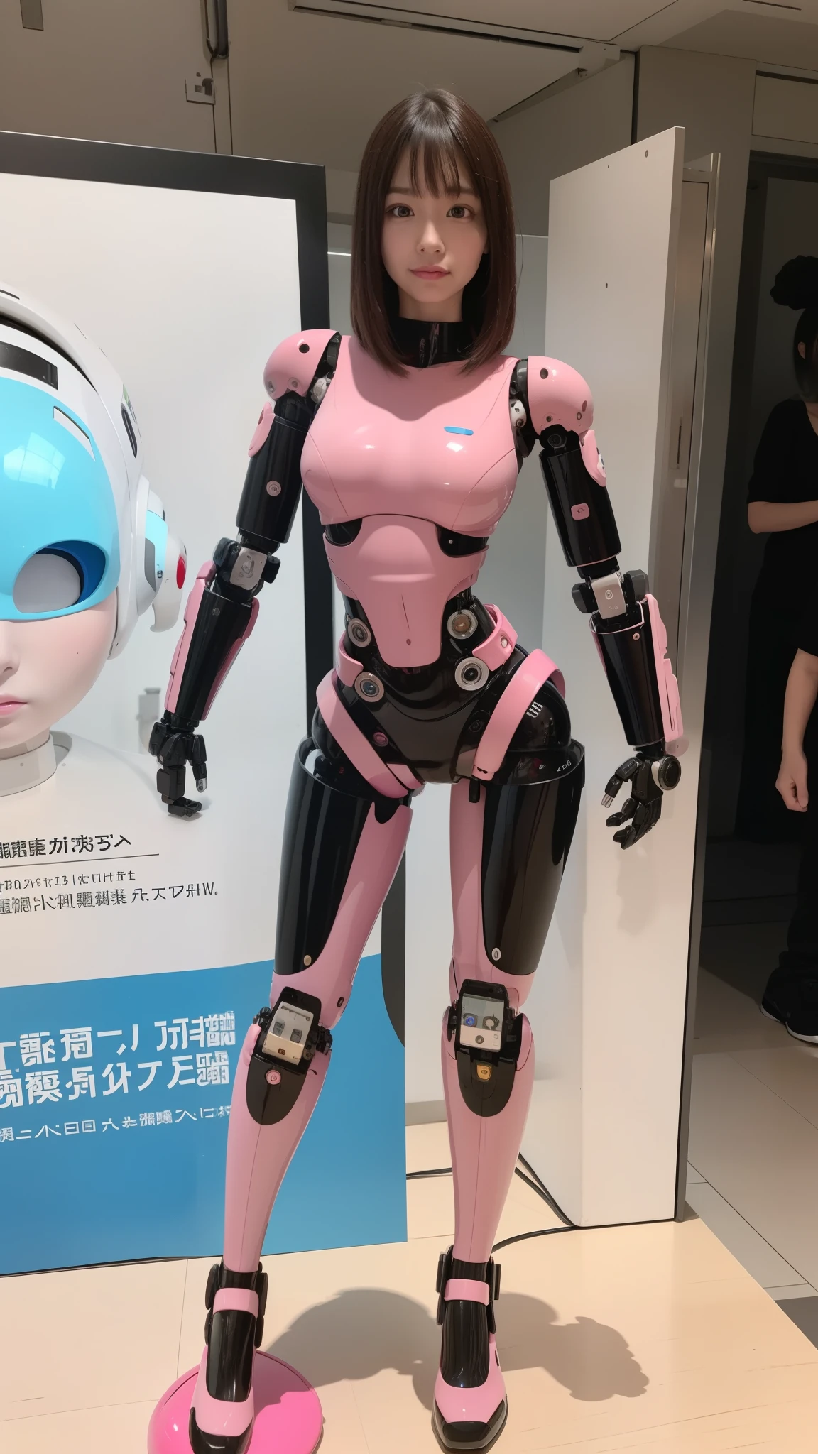 masterpiece, best quality, extremely detailed, (8K, 4K, Best Quality, Hight resolution, 超A high resolution:1.1), 8K portrait,1girl in, Japanese android girl, android teacher, control panels, android, Droid, Mechanical Hand, ,Robot arms and legs, Black hair, Mechanical body, Blunt bangs, Pink Robotics Parts, perfect robot woman, Charging spot, Long Tube, A thick cable was connected to her neck, ceramic body , android, robot humanoid, panty, full eyes, perfect mechanical body, pink robotics body, future assembly plant, Pink body, She has repaired, lack sponge joints, android assembly plant, android, laboratory, platform boots, perfect machine body, pink robot body