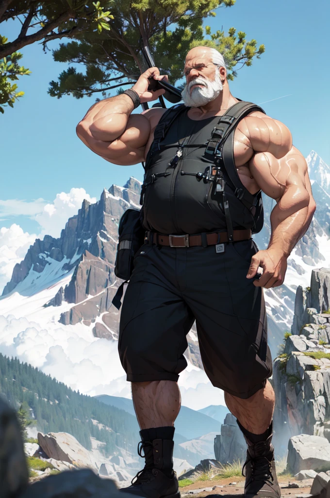 (best quality,4k,8k,highres,masterpiece:1.2),ultra-detailed,(realistic,photorealistic,photo-realistic:1.37),muscular,old black man hiking in mountain,landscape,rocks,steep trail,adventure,heavy backpack,long black beard,strong arms,leather boots,exhausted,sweaty,majestic peaks in the distance,gusty wind,tall trees,cool breeze,determination,peaceful,calm,serene lighting