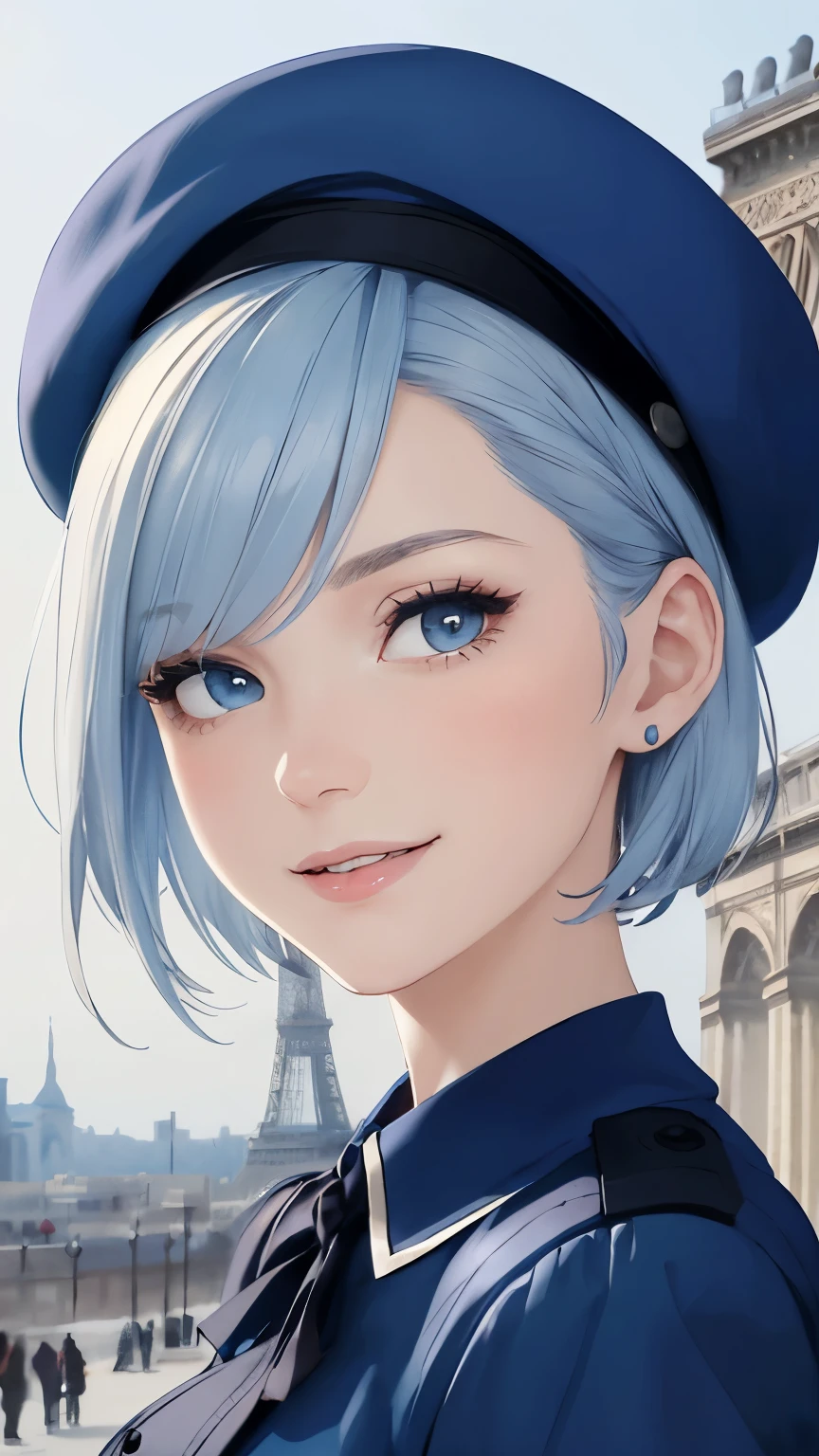 ((best quality)), ((masterpiece)), (detailed), perfect face, Young Female, Pale Blue Short Hair, Dark Blue Eye, French Beret, French Dress, Paris Tower, Happy Emotion mood, Smile