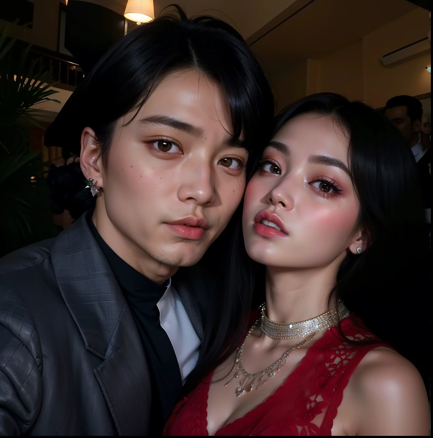 Araffe y una mujer con un vestido rojo posando para una foto, filtrado image, jennie rosa negro, lv, jungkook, filtrado photo, ambos tienen labios rojos, suave en _ el fondo, con ella larga, TaeJune Kim, estan cerca el uno del otro, celebridad, foto de perfil, filtrado, yanjun chengt, jossi de blackpink, jia