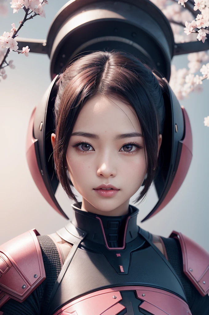 beautiful japanese young woman, wearing ninja armor, thick symmetrical features, very short hair, background is cherry blossoms, pink aura, red lips, octane render,