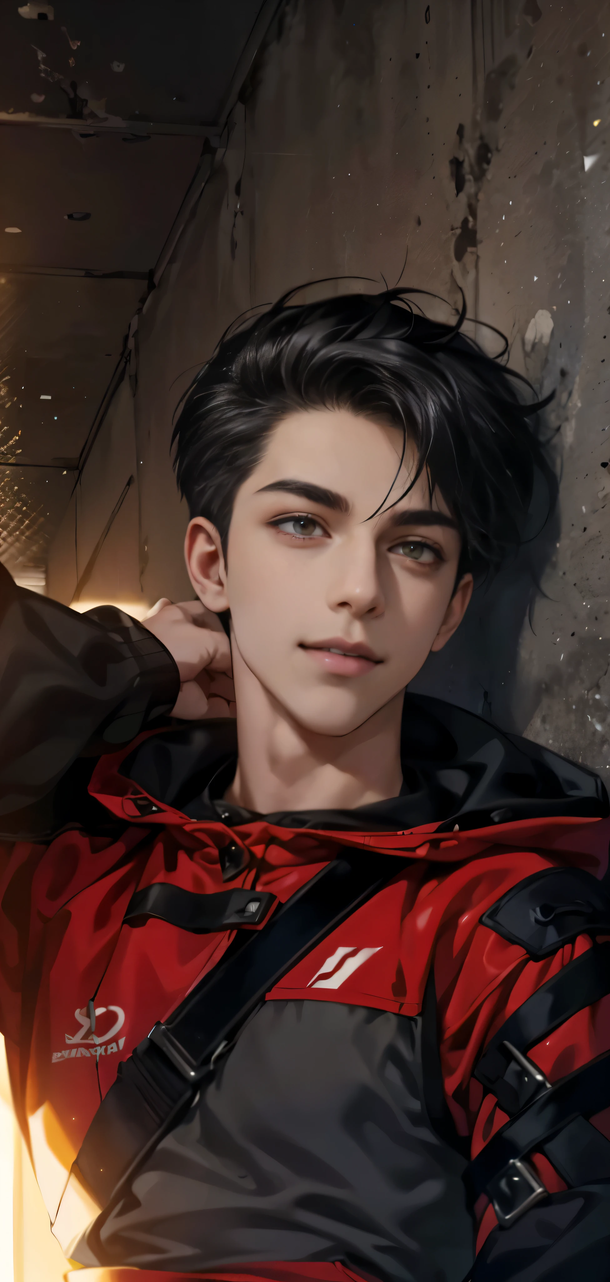 1 boy, Young male, eyes look at camera,Perfect male body, (Red jacket, Black hoodie,Evil smile, black hair, against the wall,handeds in pocket), dark room, Cement wall,Portrait,dramatic shadow,Ray tracing, Best quality, Cinematic lighting, Extremely detailed CG, 8k wallpaper,Complicated,