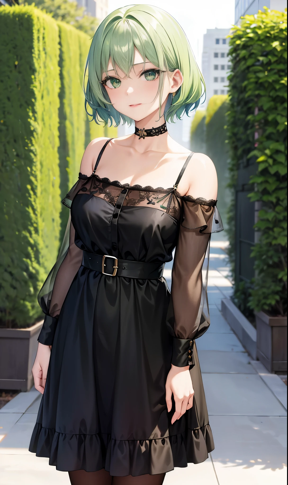 BREAK (masterpiece:1.2), best quality, high resolution, unity 8k wallpaper, (illustration:0.8), (beautiful detailed eyes:1.6), extremely detailed face, perfect lighting, extremely detailed CG, (perfect hands, perfect anatomy),city,street,wet road,reflections, buildings,night,fubuki, black hair, (green eyes:1.5), short hair,
black dress, dress, fur coat, high collar, jewelry, necklace, off shoulder, taut clothes, taut dress,