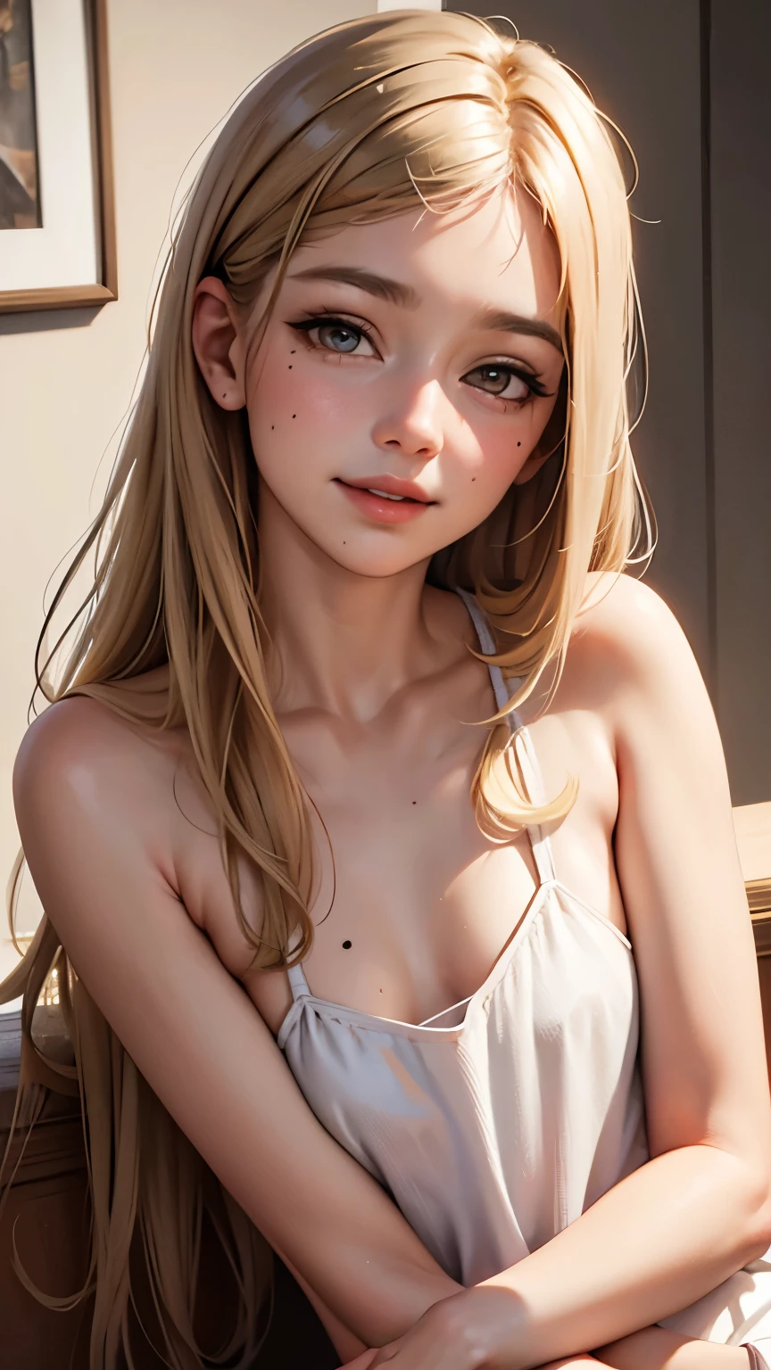 masterpiece, highest quality,Face-to-face audience, upper body whole body,middle-aged women,Attitude of the Greek goddess, Melon Seed Face, ((long slit eyes)), mole under eye,Brown eyeballs, thin lips, blonde, very long hair, Smile with your mouth closed,40 year old mature woman, self - portrait, simple background,Completely naked,thin legs