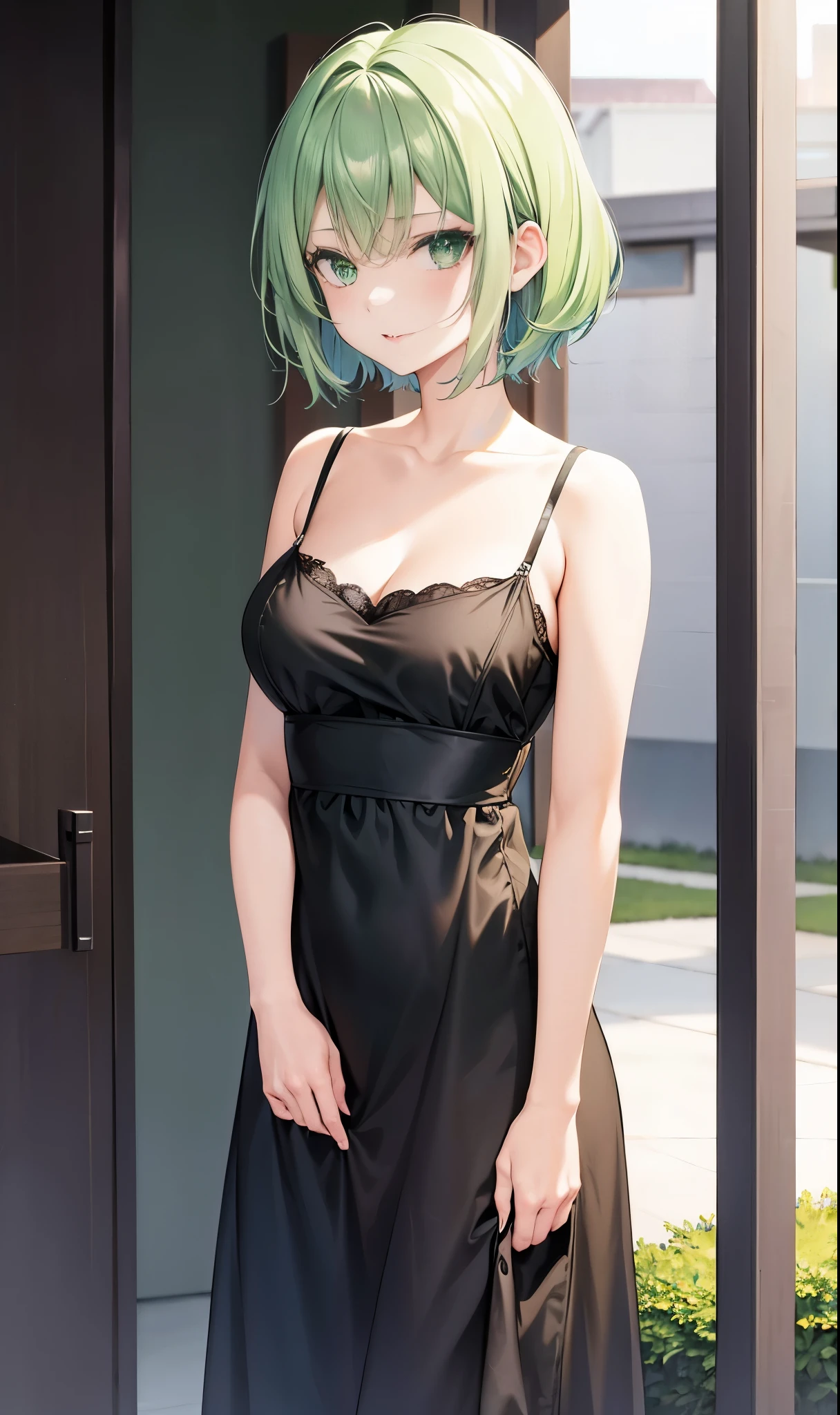 Girl with short green hair, medium bust, green eyes, Wear black casual clothes、Beauty、Mature、(It's out)