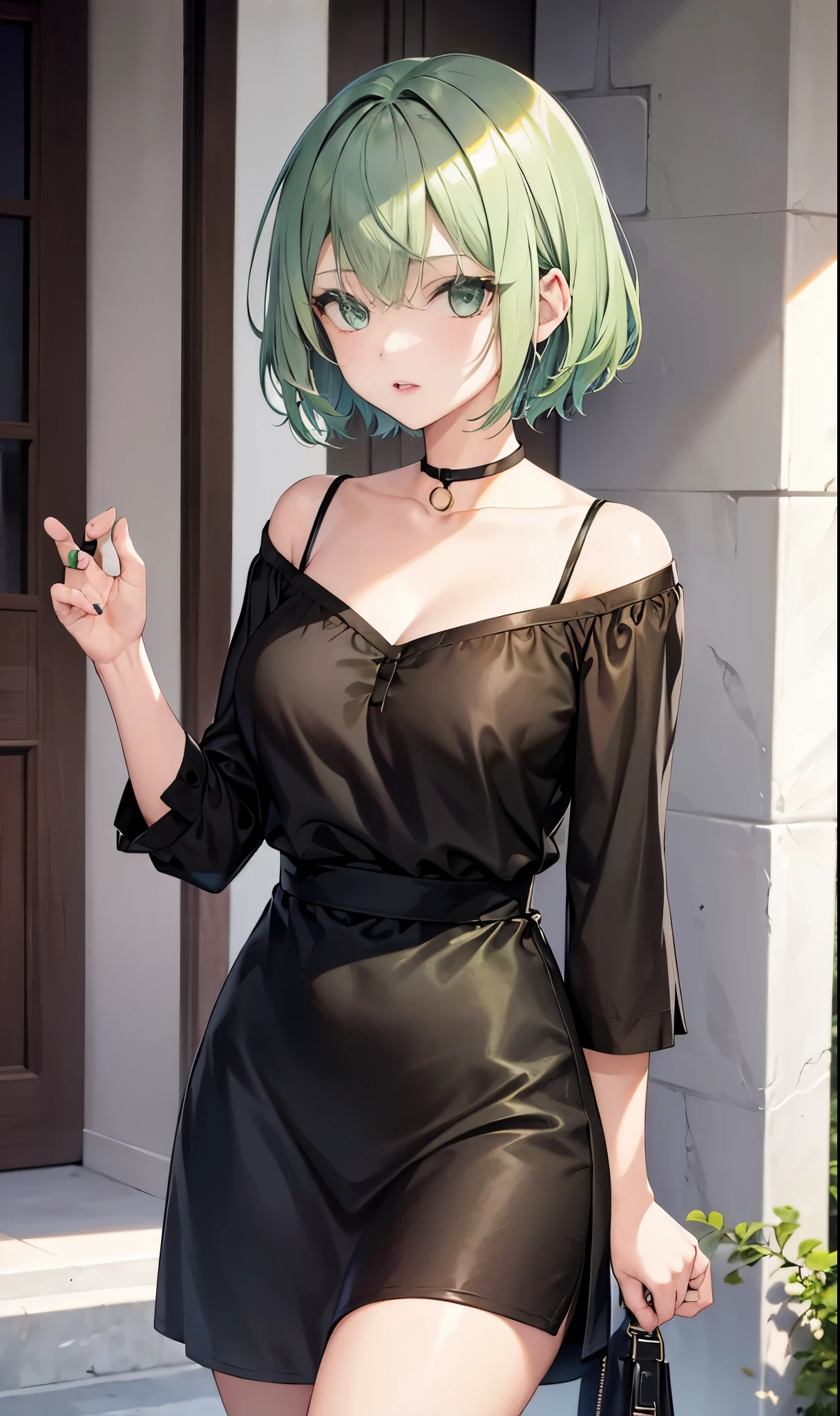 Girl with short green hair, medium bust, green eyes, Wear black casual clothes、Beauty、Mature、(It's out)
