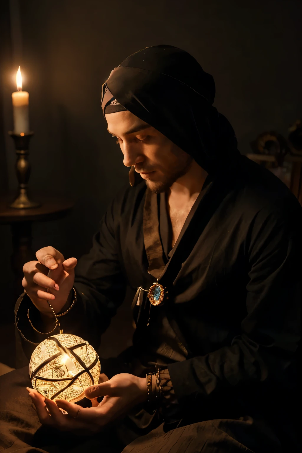 1male, In the dimly lit room, a mystic figure sat with a candle as the only source of light. He wore a long, flowing robe and had a bandana tied around his head. His eyes were fixated on a small crystal ball placed in front of him. Within the crystal orb, a tiny, intricate world came to life. One side of this world radiated joy and happiness, reminiscent of a utopian society. The other side, however, was shrouded in darkness and despair, evoking images of the fiery depths of Brimstone. The mystic's hands, adorned with many charms and bracelets, trembled slightly as he studied