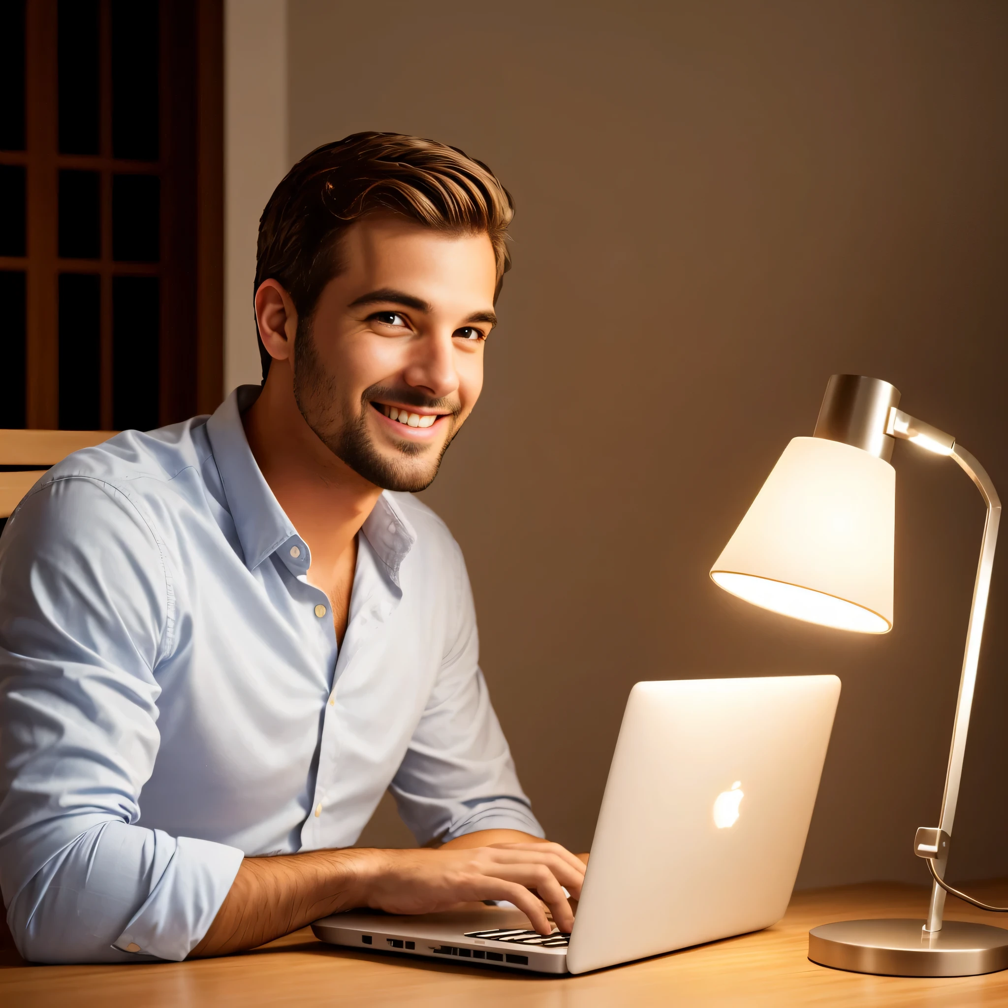 real life，United States of America，Rough face，smiling man sitting at a table with a laptop computer and a lamp, best lighting, product introduction photo, table light, holding up a night lamp, well lit professional photo, warm ambient light, lamps, easy to use, warm ambient lighting, led lamps, extremely good quality lighting, detailed with high quality, high quality lighting, soft warm lighting