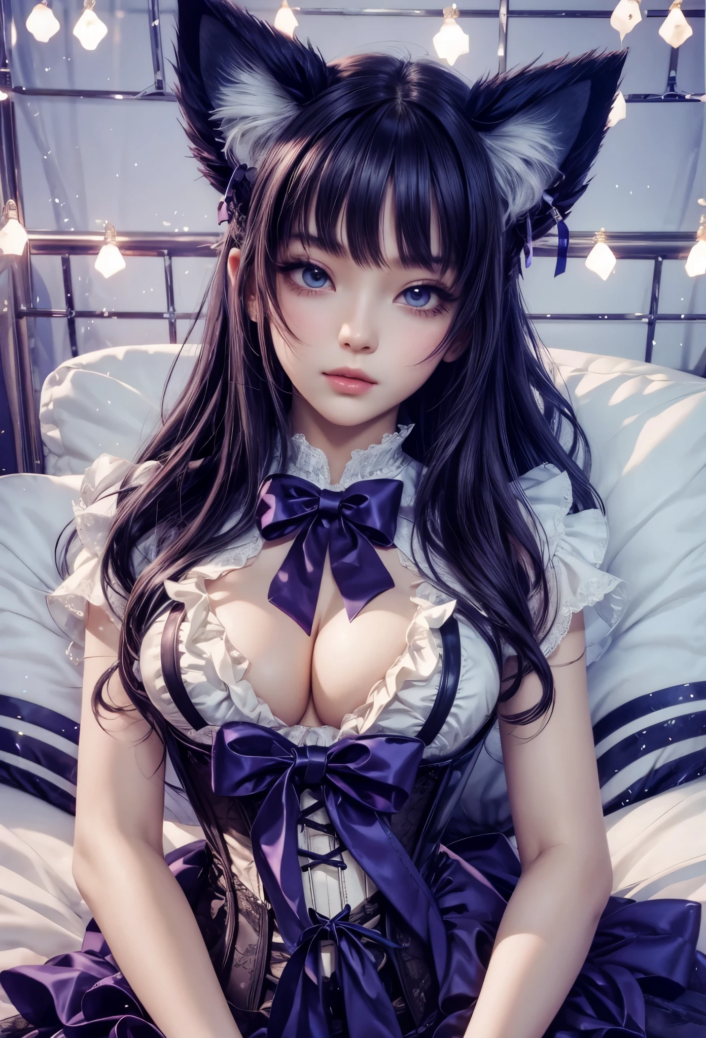 ((Highly accurate drawing in every detail)Extremely precise depiction)[High resolution],(detailed illustrations,Very detailed and precise drawing,Delicate drawn lines with tempo,Realistic texture expression),[color traced main line],[Strange bedroom [[Gothic horror style]]],[HENTAI ANIME] (Girl (beautiful)  [Luxury Girl] (Cat ear [Plump] (big sagging breasts,[wide areola]))),(Full body lingerie (Pure white corset) (Ribbon Ruffled Lace Fabric [lolita fashi),[Realistic and glossy skin expression ([High humidity] (Soft body)),([[boredom]] gravure) (Soft ambient light [transparency]),(intricate and beautiful decoration [Dense detail]),(Fine and beautiful skin expression [transparency]),[完璧な目のdetailed (Beautifully detailed iris)(Eyes like deep jewels)],(eyes light[Pinpoint lighting for the eyes]),[long and beautiful eyelashes],[precisely drawn hair [美しく艷やかな髪のdetailed]],(完璧な手のdetailed [Beautiful fingers with no damage [beautiful nails]]),(perfect anatomy(perfectly balanced proportions))[[full body portrait]],[ideal color coordination(Accurate simulation of light and material interactions)],([Precision Detail](detailed,High definition)),[[Pale and gentle colors]][Visual art that tells a story] [[Eros in the Natural Body]].