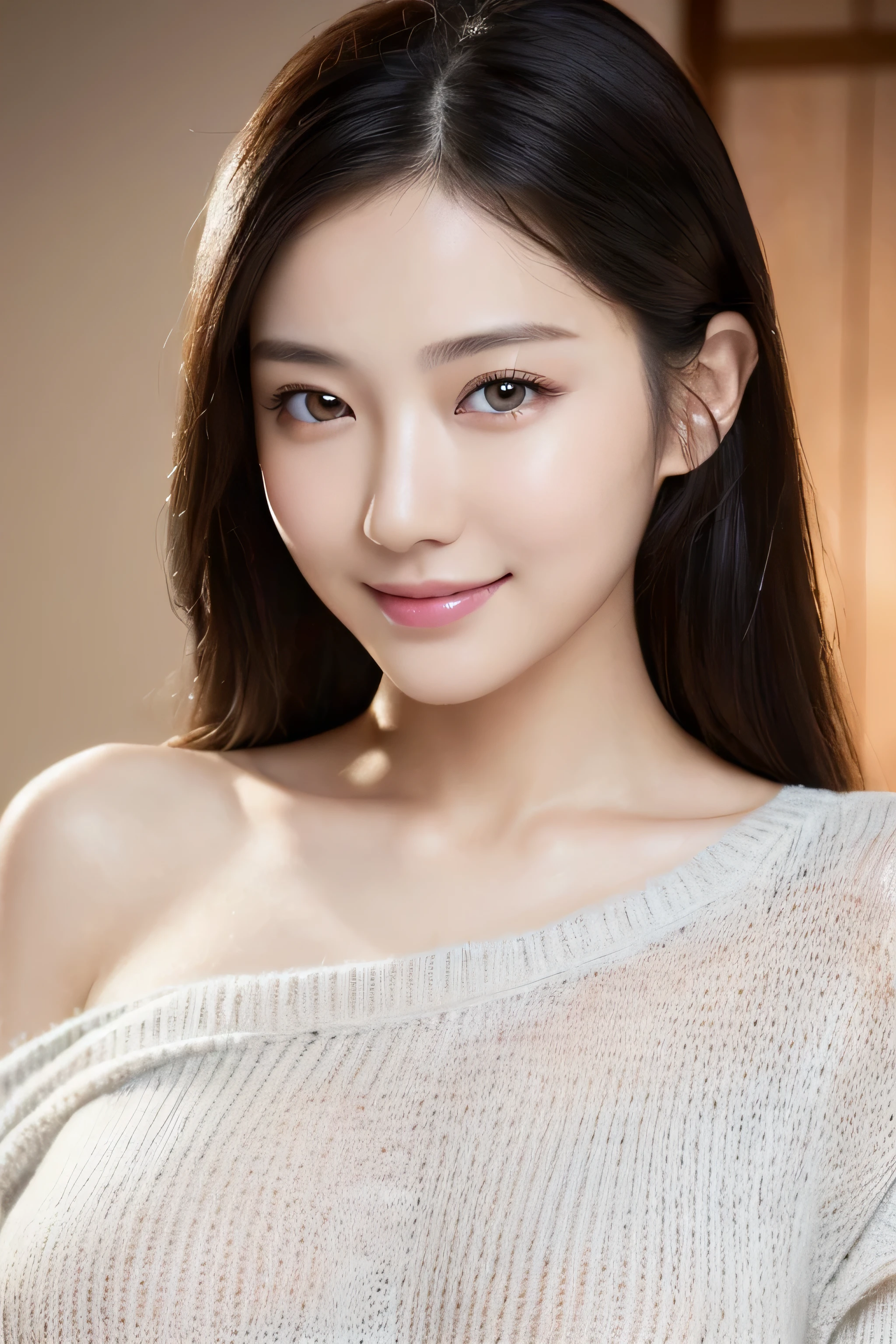 (Best Quality, Masterpiece, Ultra High Definition, High resolution, highly detailed, High Definition Face, clear pictures, HDR:1.5), (20-year-old woman:1.3), (Full body shot, eyes be visually in focus:1.4), (film photography style:1.5), (Beautiful Japanese woman wearing a tight knit sweater:1.5), (Slim Big Breasts, huge Breasts:1.4), (Glossy, highly fine breasts, shiny skin), highly detailed facial and skin texture, (beautiful eyes, light in the eyes, detailed eyes), Very smile, The facial features are clear, white skin, very Fair skin, wet hair, violently fluttering hair, very smile,