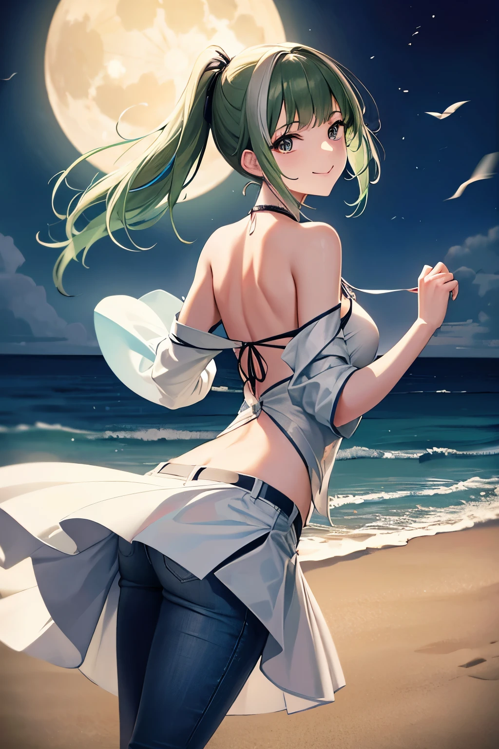 A 25 year old Japanese slender lady who is wearing a green sundress and a black mask, ponytail (( short length)) hair and silver ((streaked hair))highlights hair, wearing white cardigan and a gray shirt, indigo damaged jeans , looks really calming and beautiful and cool, at a beach in midnight, spreading her left arms forward, a bit windy scene, passionate and cheerful smiling under the moonlight, looking back pose