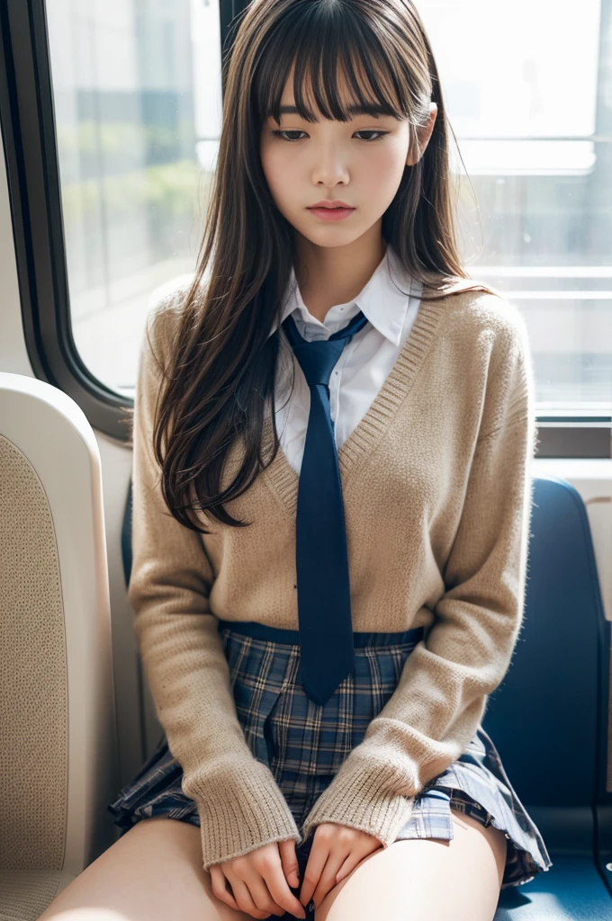 (realistic:1.3), face with shadow, Depth of bounds written, school uniform, 
beautiful detailed illustrations,great art,(((very detailed))),
1 girl sitting,bangs,high school girl,sleep,close your eyes,white panties,skirt,
cowboy shot,From before
,(((very detailed))),on the train，ミニskirt, I can see her panties，