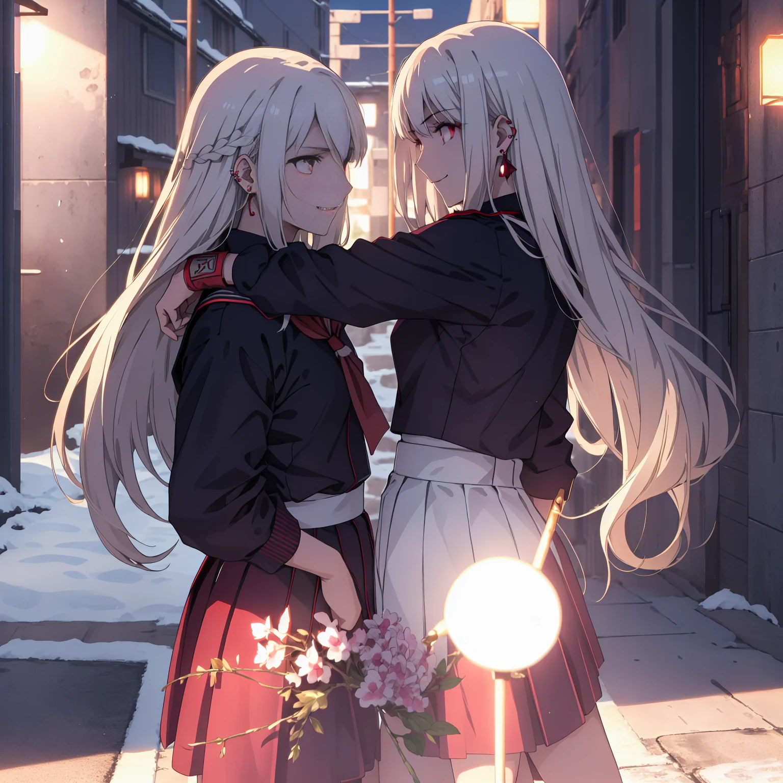 sukeban illyasviel_von_einzbern, mature_female, silver hair, holding yoyo, combat pose, full body, flowing hair, hair between the eyes, asymmetrical hair, red eyes, delicate facial features, sukeban deka clothe, looking_at_viewer, outdoors, background tokyo, ((solo, solo focus, solo girl,1girl))+++++,woman in a 80's sukeban seifuku standing on a set of strees, black school uniform, 80's japanese sukeban photo, sukeban seifuku, 80's japan, sukeban, long black skirt, red converse, full body, light skin tone female, full body, tape, arm_support, gloves, red_gloves, bridal gauntlets, blackred_footwear, fighter outfit, full body, hourglass, mature face, cheeky smile, cheeky face, wrinkles,( silver long hair, earrings, ear piercings), realistic, (fighting art, Martial arts, standing, fighting_stance, fight, fighting), extra colors, 2D, megapixel, perfectionism, accent lighting, full HD , 4K, masterpiece, empty red eyes
