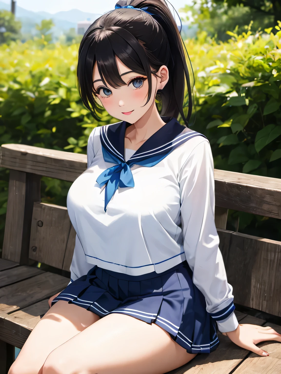 highest quality,masterpiece, High resolution, 8K, detailed background、Beautiful girl、(1 female),cute hairstyle、ponytail、cute hair color、perfect body、huge breasts、white sailor suit、summer clothes、bright light blue sailor color、(Bright light blue pleated skirt)、high socks、thick thighs、sitting、sexual expression、Lift up your skirt and show your panties、panty shot、panty shot