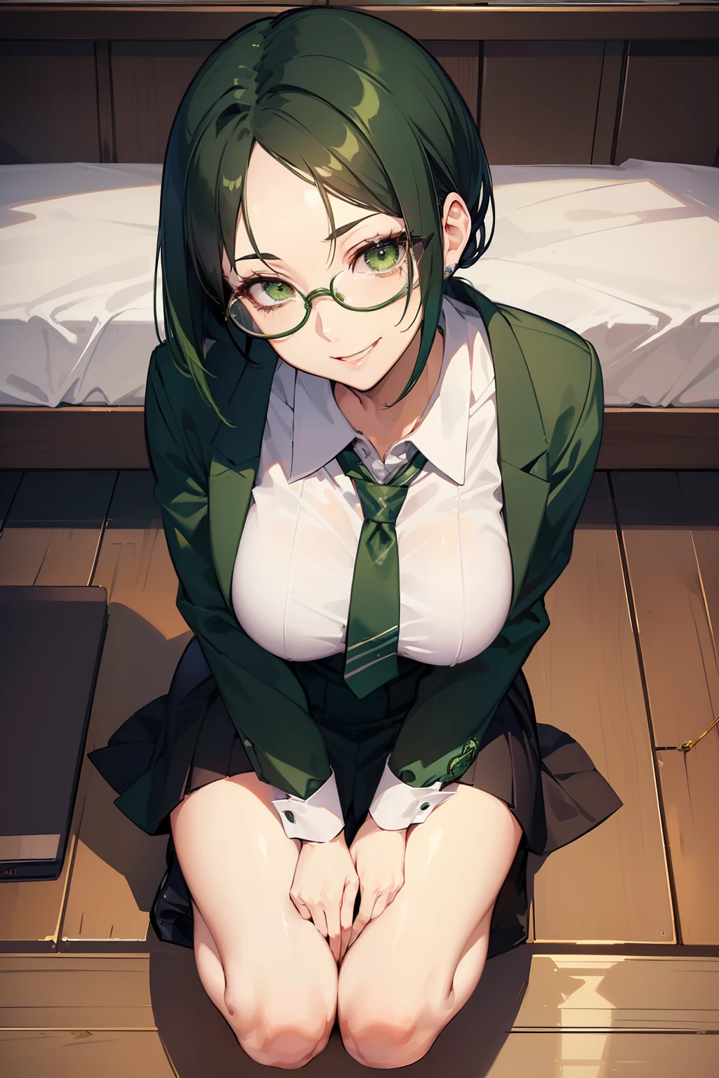 (female pervert，Narrow-rimmed glasses、Career Woman)，(Green eyes，Hanging eyes、Narrow-eyed)，(green hair，green short-hair、poneyTail，Exposing the forehead)，(A slender)，(Smiled look、Mouth with a big smile)，棕色外套