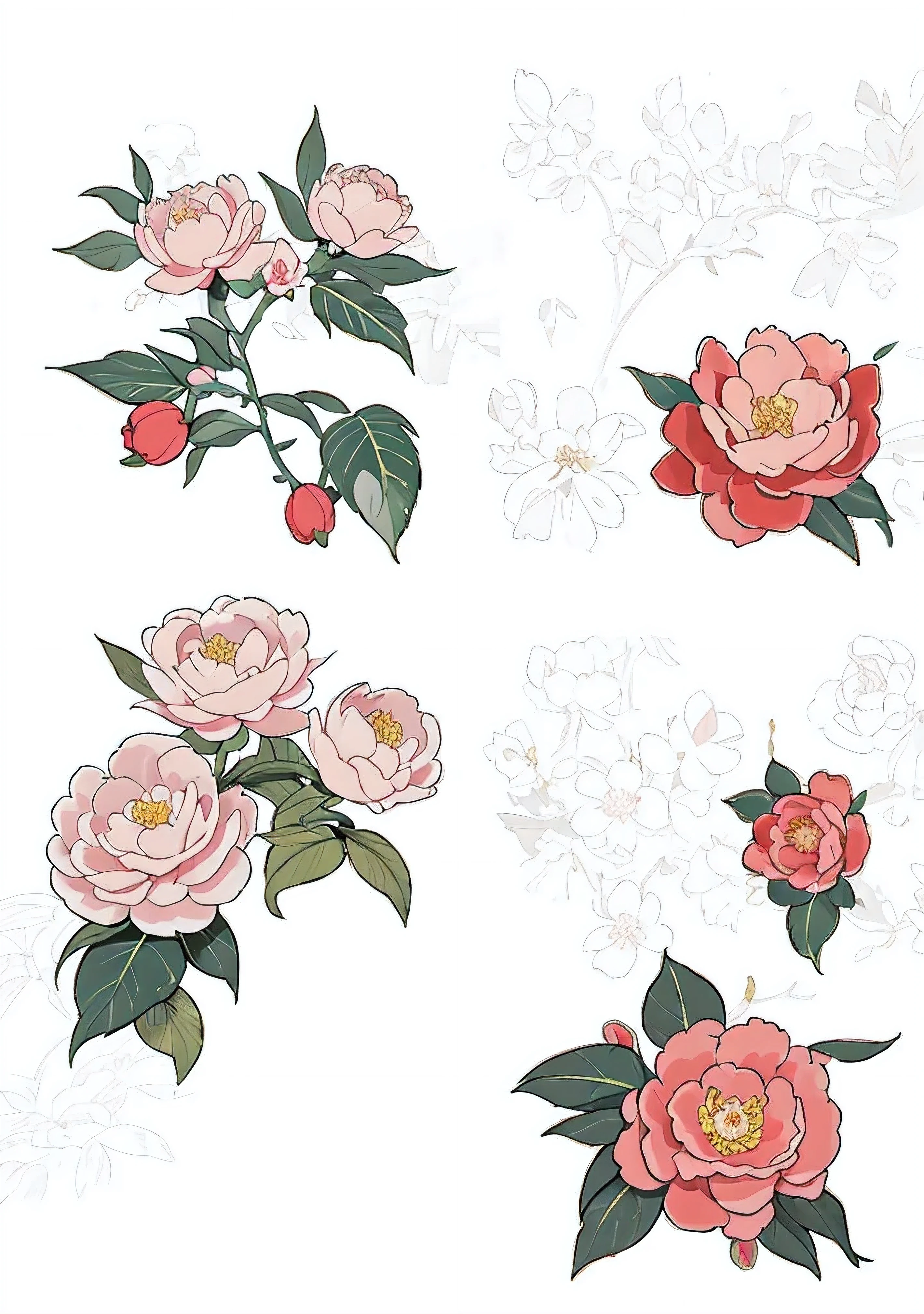 Chinese peony flower， pixiv 上的number艺术, over detailed art, A beautiful artistic illustration, floral environment,high detail. number, too detailed art, ornate border + concept art，Peony flowers on European style wooden boards，Small cherry blossoms，small camellia，metal texture border pattern