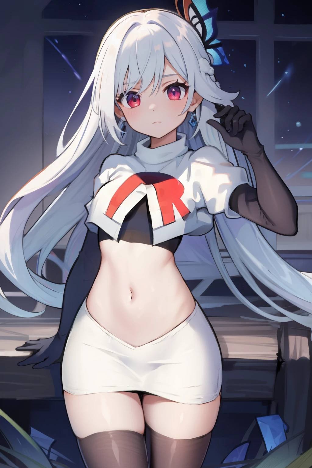 1girl, skirk \(genshin impact\), earrings, butterfly hair ornament, looking at viewer, starry sky, shooting star, cowboy shot, masterpiece, team rocket,team rocket uniform,white skirt,crop top,black thigh-highs,black elbow gloves,