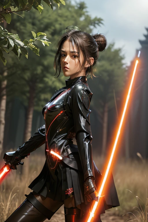 Top quality, masterpiece, extremely detailed CG unity 16K wallpaper, ultra-high resolution, high definition, (perfect body, correct anatomy:1.5), (from front view:1.4), dynamic, professional photo, raw photo, photorealistic, cinematic lighting, 1 girl, ((Japanese teen, 17 years old:1.1)), ((villain, mecha-musume:1.3)), cowboy shot, solo, looking at viewer, intricately detailed face, hyper-realistic skin texture, brown hair, (SINGLE hair bun:1.1), glossy hair, short hair, highly detailed skin, highly detailed eyes, (dark eyes, narrow eyes:1.3), ultra-realistic nose and lips, (tall nose:1.4), (slim and round outline of the face:1.5), expressive face, expressionless, martial girl, ((black blazer:1.4)), ((white collared shirt, red ribbon tie:1.1)), ((black pleated skirt:1.4)), skinny, tall, medium breast, perfect body proportion, (((fighting enemy, wielding a light saber with red blade:1.4))), ((mechanical body suit, highly weaponized body:1.5)), shinto shrine, evening, outdoor, countryside