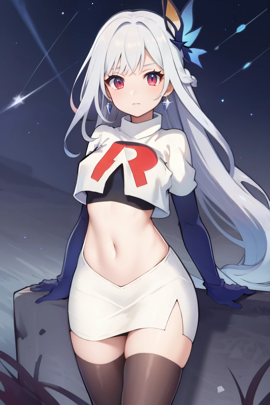 1girl, skirk \(genshin impact\), earrings, butterfly hair ornament, looking at viewer, starry sky, shooting star, cowboy shot, masterpiece, team rocket,team rocket uniform,white skirt,crop top,black thigh-highs,black elbow gloves,