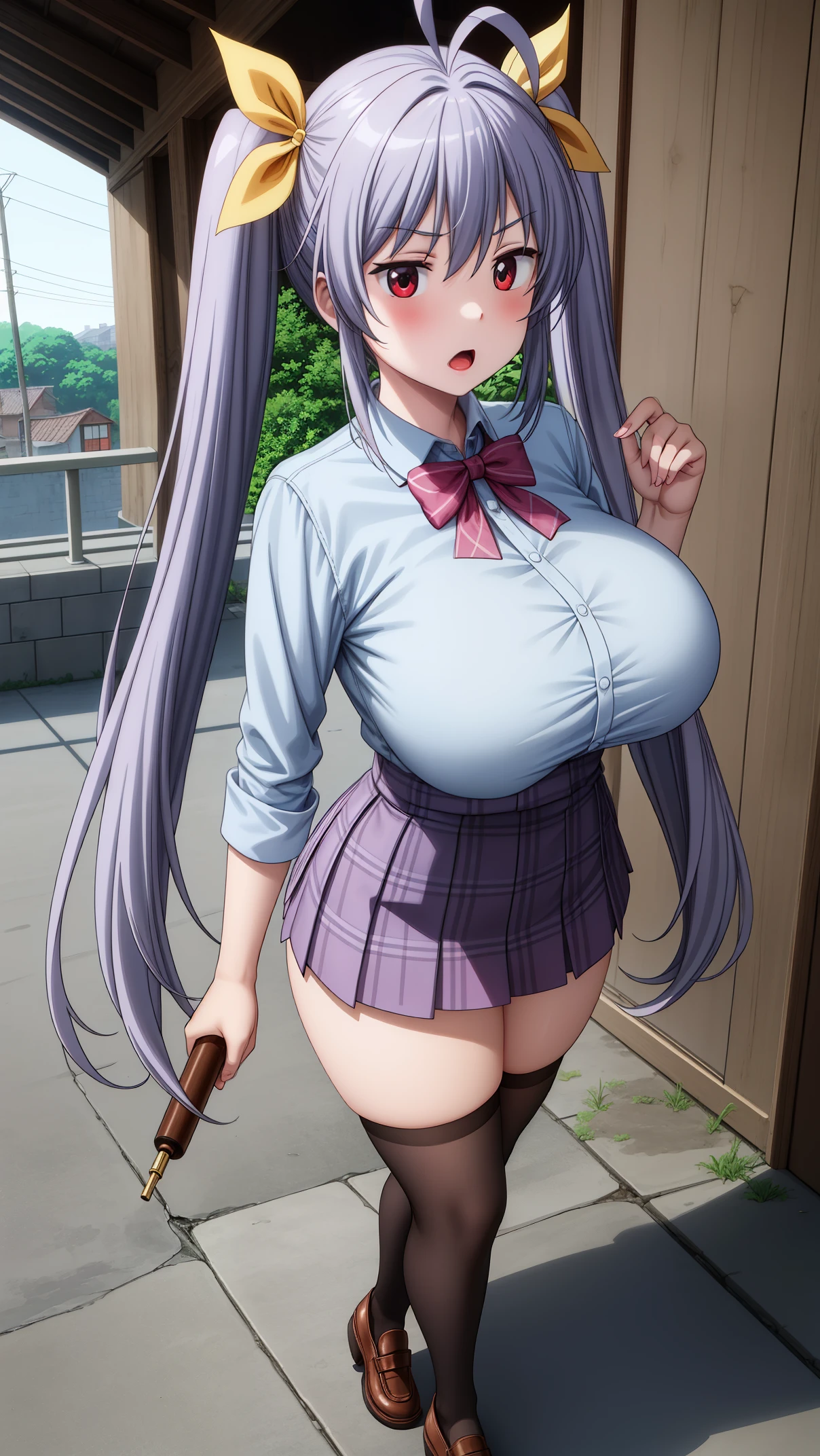 large breasts (weight: 1.5), wearing a short skirt (weight: 1.5) , masterpiece, ((ultra detailed background, delicate pattern, intricate detail)), (highly detailed, fine details), best quality, beautiful lighting, ((huge breasts, slim girl)), 

miyauchi_renge_nonnonbiyori, purple_hair, red_eyes, long_hair, twintails, ribbon, hair_ribbon, blush, antenna_hair, yellow_ribbon, hair_between_eyes,

1 girl, 20yo,YOUNG female, Beautiful Finger, Beautiful long legs ,Beautiful body ,Beautiful Nose ,Beautiful character design, perfect eyes, perfect face,(Beautiful,Huge_Breasts:1.3)

an anime/cartoon character wearing a girls school uniform walking upright with straight posture and an open mouth, 1girl, solo, thigh-highs, ブレザー burezaa (Blazer), ahoge, long hair, white thighhighackground, hand on hip, full body, bow, school uniform, looking at viewer, bowtie, shoes, loafers, ribbon, (very short skirt:1.4),

official art, extremely detailed CG unity 8k wallpaper, perfect lighting,Colorful, Bright_Front_face_Lightinasterpiece:1.0),(best_quality:1.0), ultra high res,4K,ultra-detailed,
photography, 8K, HDR, highres, absurdres:1.2, Kodak portra 400, film grain, blurry background, bokeh:1.2, lens flare, (vibrant_color:1.2)
, (beautiful_face:1.5),(narrow_waist), (Beautiful,Huge_Breasts:1.3)