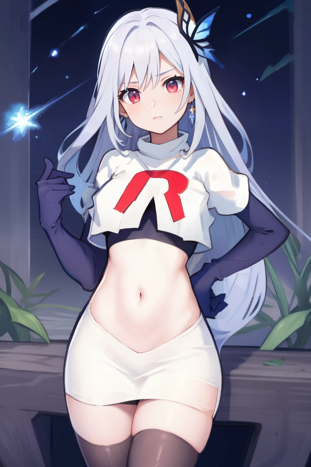 1girl, skirk \(genshin impact\), earrings, butterfly hair ornament, looking at viewer, starry sky, shooting star, cowboy shot, masterpiece, team rocket,team rocket uniform,white skirt,crop top,black thigh-highs,black elbow gloves,