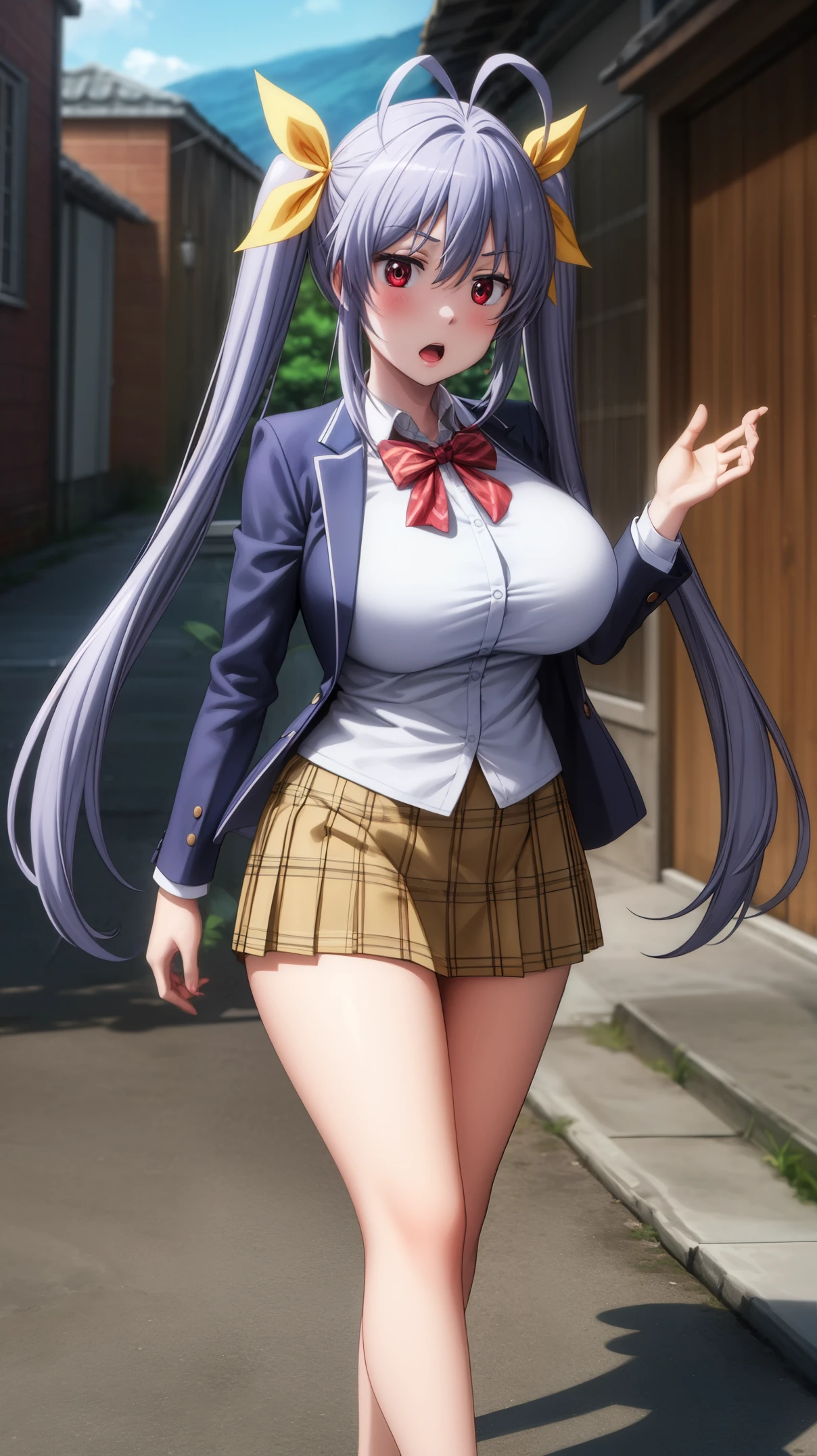 large breasts (weight: 1.5), wearing a short skirt (weight: 1.5) , masterpiece, ((ultra detailed background, delicate pattern, intricate detail)), (highly detailed, fine details), best quality, beautiful lighting, ((huge breasts, slim girl)),
miyauchi_renge_nonnonbiyori, purple_hair, red_eyes, long_hair, twintails, ribbon, hair_ribbon, blush, antenna_hair, yellow_ribbon, hair_between_eyes,
1 girl, 20yo,YOUNG female, Beautiful Finger, Beautiful long legs ,Beautiful body ,Beautiful Nose ,Beautiful character design, perfect eyes, perfect face,(Beautiful,Huge_Breasts:1.3)
an anime/cartoon character wearing a girls school uniform walking upright with straight posture and an open mouth, 1girl, solo, thigh-highs, ブレザー burezaa (Blazer), ahoge, long hair, white thighhighackground, hand on hip, full body, bow, school uniform, looking at viewer, bowtie, shoes, loafers, ribbon, (very short skirt:1.4),
official art, extremely detailed CG unity 8k wallpaper, perfect lighting,Colorful, Bright_Front_face_Lightinasterpiece:1.0),(best_quality:1.0), ultra high res,4K,ultra-detailed,
photography, 8K, HDR, highres, absurdres:1.2, Kodak portra 400, film grain, blurry background, bokeh:1.2, lens flare, (vibrant_color:1.2)
, (beautiful_face:1.5),(narrow_waist), (Beautiful,Huge_Breasts:1.3)