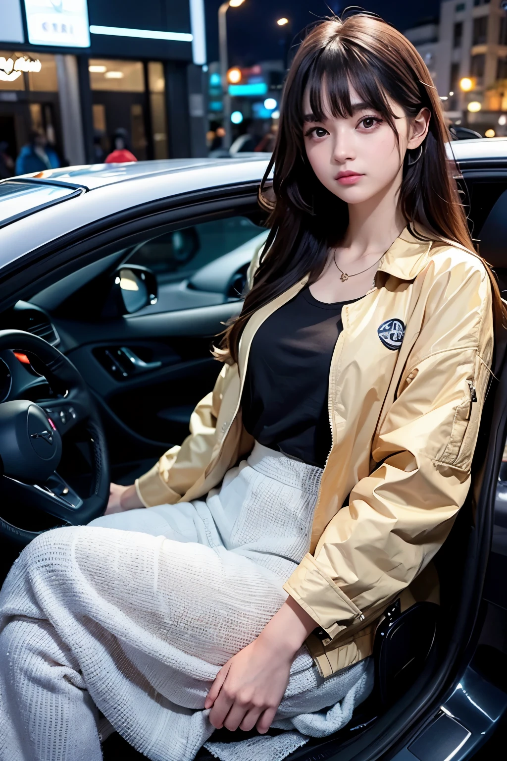 A beautiful woman. Twenty years old. Dark brown hair. He is wearing a jacket and has his arms crossed. A car-shaped time machine exists in the space behind the woman. The time is night.