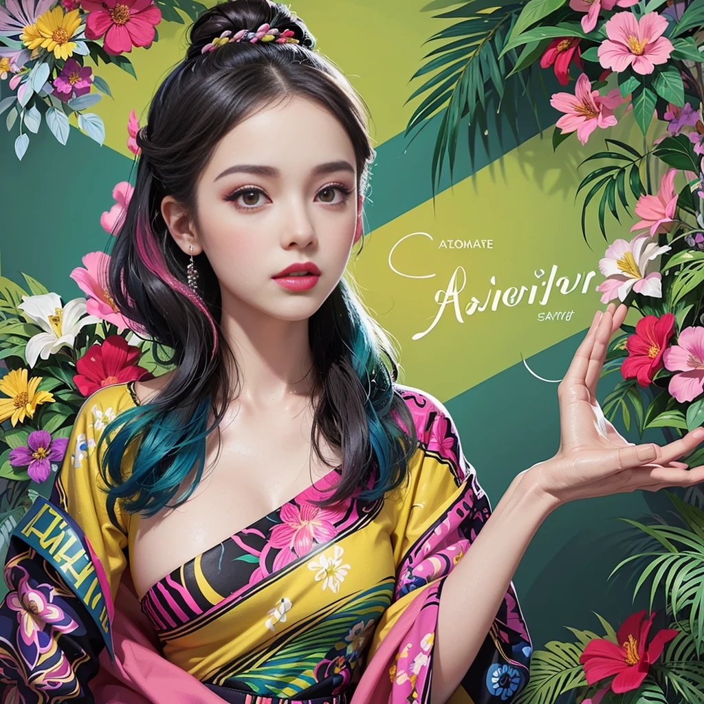Create a digital art work in pop art style, featureing a vibrant and confident woman with bold makeup and colorfull fashion, cinematic color scheme, surrounded by vintage flowers patterns, energtic brushstrokes,the mood should be dynamic, upper body, drawing, illustration, grayscale, tropical, adubon fruits, adubon plants, many flowers, vector, painting, depth background
