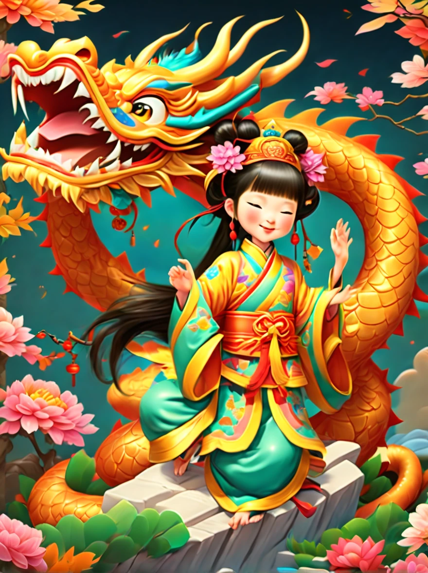 joyful and festive scene featuring a cute and lively 5-year-old ancient Chinese princess embracing a fluffy-textured, mythical Chinese baby dragon. Both are sleeping peacefully. The background is enhanced with festive decorations, such as lanterns, colorful banners, and traditional Chinese motifs, symbolizing celebration and happiness. This scene, rich in ancient Chinese cultural elements, captures a sense of joy and festivity, making the moment between the princess and the dragon even more endearing and magical, (花卉水彩画:1.5), (Ultra high saturation, bright and vivid colors: 1.5), (nsfw), (Facing the viewer: 1.5)