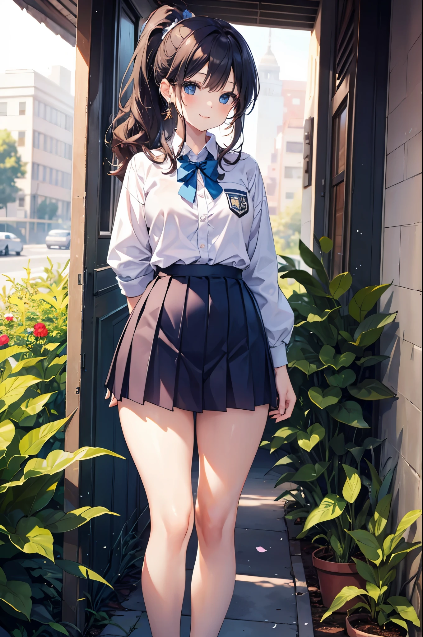 Realistic and detailed image of girl wearing school uniform and pleated miniskirt. She has long curly hair,with ponytail. blue eyes. She has earrings, long eyelashes. her breasts are small, slim waist, hip width、Thick thighs. smiling, Happy face. Arched back. she's in the high school hallway,There are petals falling around her in the garden.