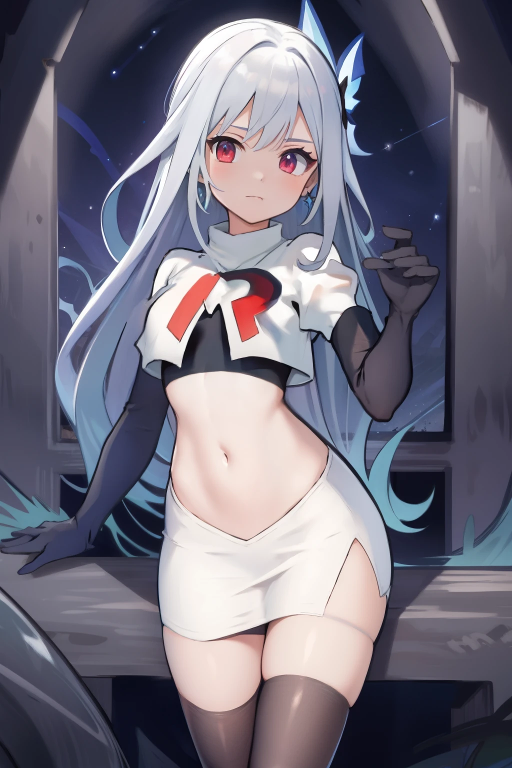 1girl, skirk \(genshin impact\), earrings, butterfly hair ornament, looking at viewer, starry sky, shooting star, cowboy shot, masterpiece, team rocket,team rocket uniform,white skirt,crop top,black thigh-highs,black elbow gloves,