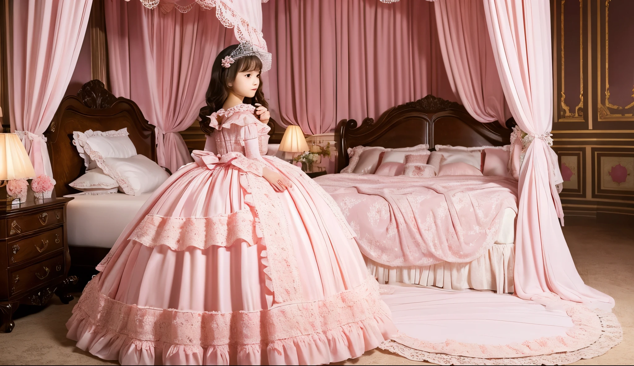 highest quality, masterpiece, highest resolution, artwork, super become familiar with, many be familiar with, be familiar with, become familiar with, romantic,woman, ,the girl is a princess,((girly pink satin fabric)),pink victorian dress, ((Gorgeous princess rococo ball gown dress with voluminous full-length hoop skirt)),long sleeve,long dress,A dress with lots of frills and ribbons,luxury,((Palace bedroom)),((Huge Victorian canopy bed at the back)),