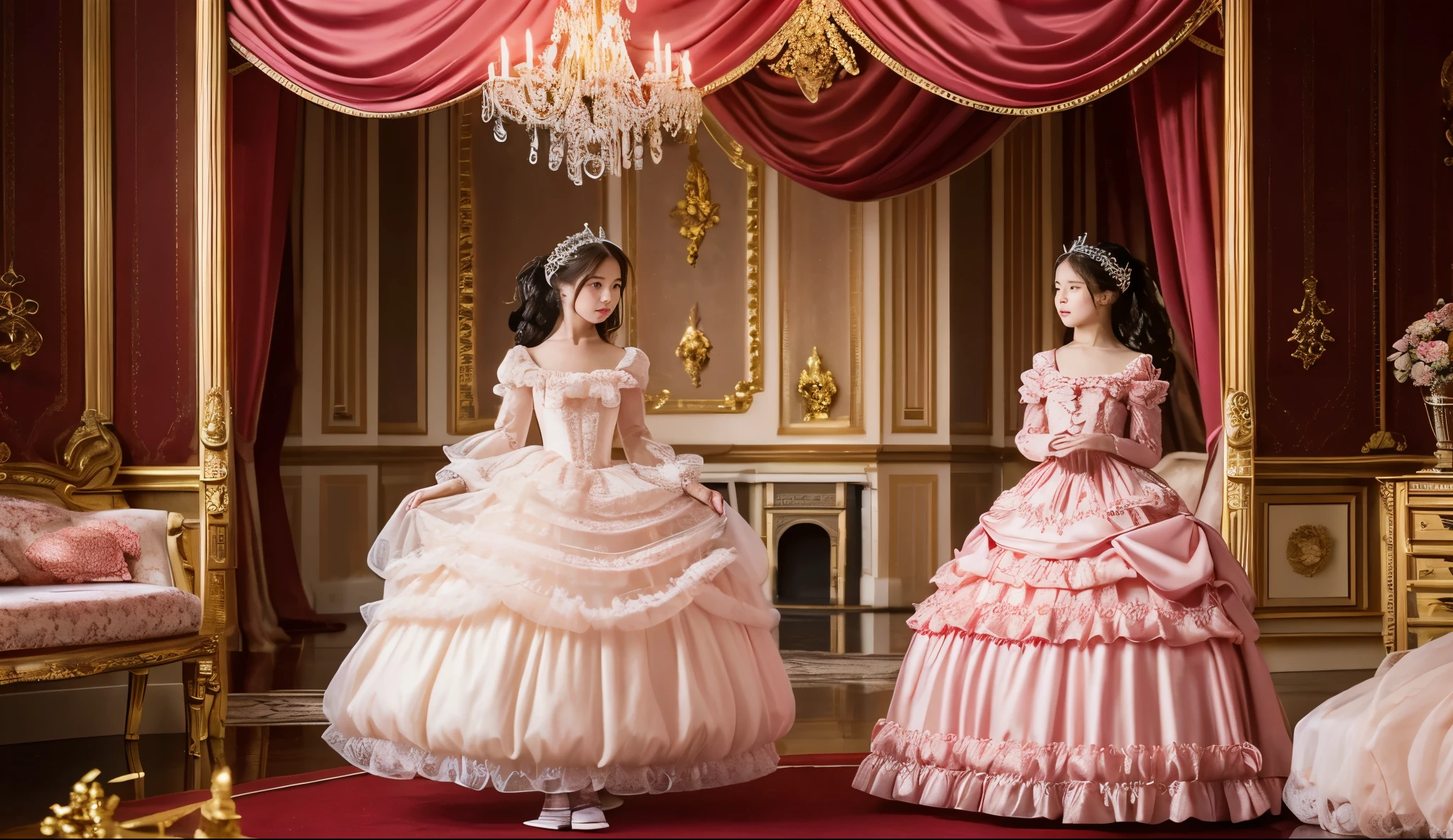 highest quality, masterpiece, highest resolution, artwork, super become familiar with, many be familiar with, be familiar with, become familiar with, romantic,woman, ,the girl is a princess,pink victorian dress, ((Gorgeous princess rococo ball gown dress with voluminous full-length hoop skirt)),long sleeve,long dress,A dress with lots of frills and ribbons,luxury,((Palace bedroom)),Huge Victorian canopy bed at the back,