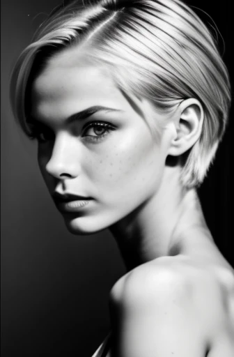 (a cute girl in a dramatic pose, 20 years old, small tits, skinny:1.1), nsfw, (best quality, high quality, photograph, hyperrealism, masterpiece, 8k:1.3), german, burly, medium blonde pixie cut, legskin, dark skin, freckles skin, sad, (low-key lighting, dramatic shadows and subtle highlights:1.1), adding mystery and sensuality, trending on trending on artsy, concept art, (shot by helmut newton:1.1), rule of thirds, black and white, modern, shot from side, sedicive pose