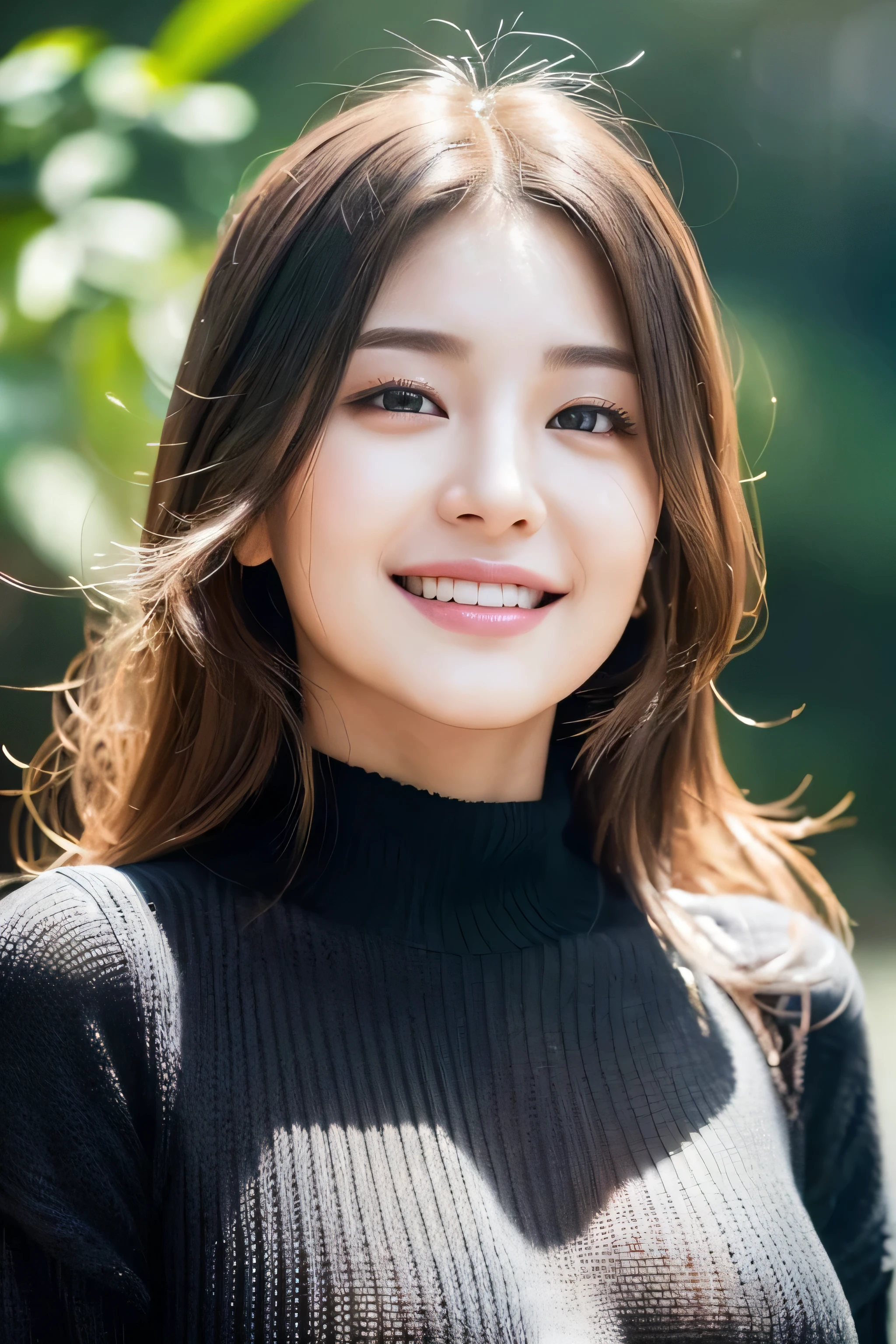 (Best Quality, Masterpiece, Ultra High Definition, High resolution, highly detailed, High Definition Face, clear pictures, HDR:1.5), (20-year-old woman:1.3), (Full body shot, eyes be visually in focus:1.4), (film photography style:1.5), (Beautiful Japanese woman wearing a tight Black knit sweater:1.5), (Slim Big Breasts, huge Breasts:1.3), (Glossy, highly fine breasts, shiny skin), highly detailed facial and skin texture, (beautiful eyes, light in the eyes, detailed eyes), Very smile, The facial features are clear, white skin, very Fair skin, violently fluttering hair, very smile,