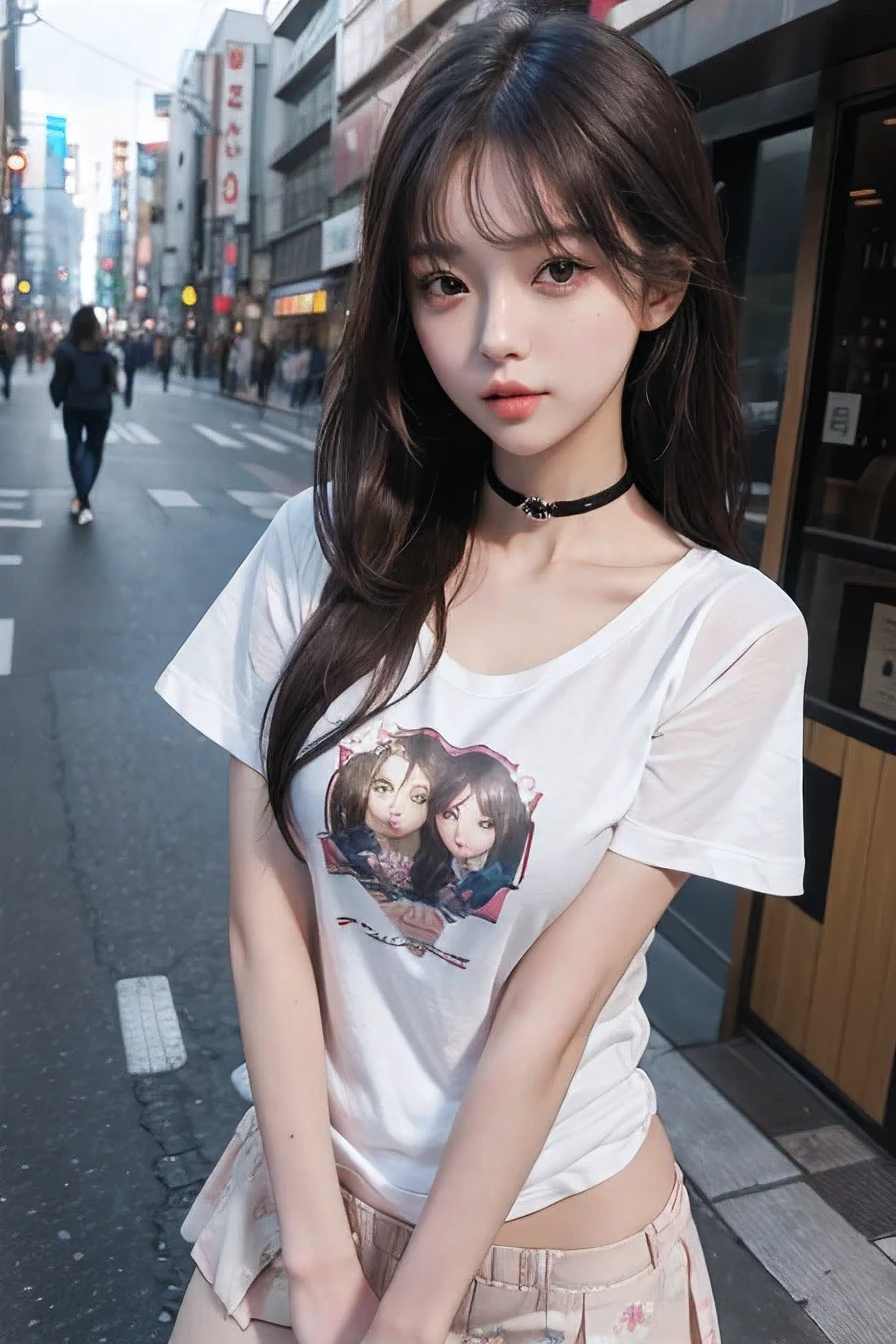 Best Quality Detail:1.2, realisitic, 8K UHD, hight resolution, 1girl in:1.2, The ultra-detailliert, High quality textures, intricate detailes, detaileds, Very detailed CG, High quality shadows, Detail Beautiful delicate face, Detail Beautiful delicate eyes, depth of fields, Ray traching, in her 20s, Pretty Kpop Girl, Korean Urzan Face:1.1, Slender face, ulzzang -6500-v1.1:0.6, pureerosface_v1, gloweyes, teak, Glossy lips, perfectbody, a choker、cleavage of the breast、 Brown hair、poneyTail:1.1, Street, Particle, look at viewr, Photorealsitic:1.4, ultra-detailliert, photos realistic, 4K 8K UHD Full Color RAW Photos, Fuji Film(Medium format:1.2), Hasselblad:1.2, Carl zeiss:1.1, Incredible dynamic range photography(UTIL_Art by Smoose-768:1.1), hight resolution, High pixel count, clear details, crisp image, Natural color reproduction, Noise Reduction, High fidelity, qulity, Software Improvements, Upscaling, Optimized algorithms, Pro-level retouching、((Shibuya, tokyo prefecture))、On the way to shopping、((Fashionable clothes with a very high design))、graphic t-shirt: Art and Logos、Graphic T-shirts printed with anime characters are trending.、Used for unique styling