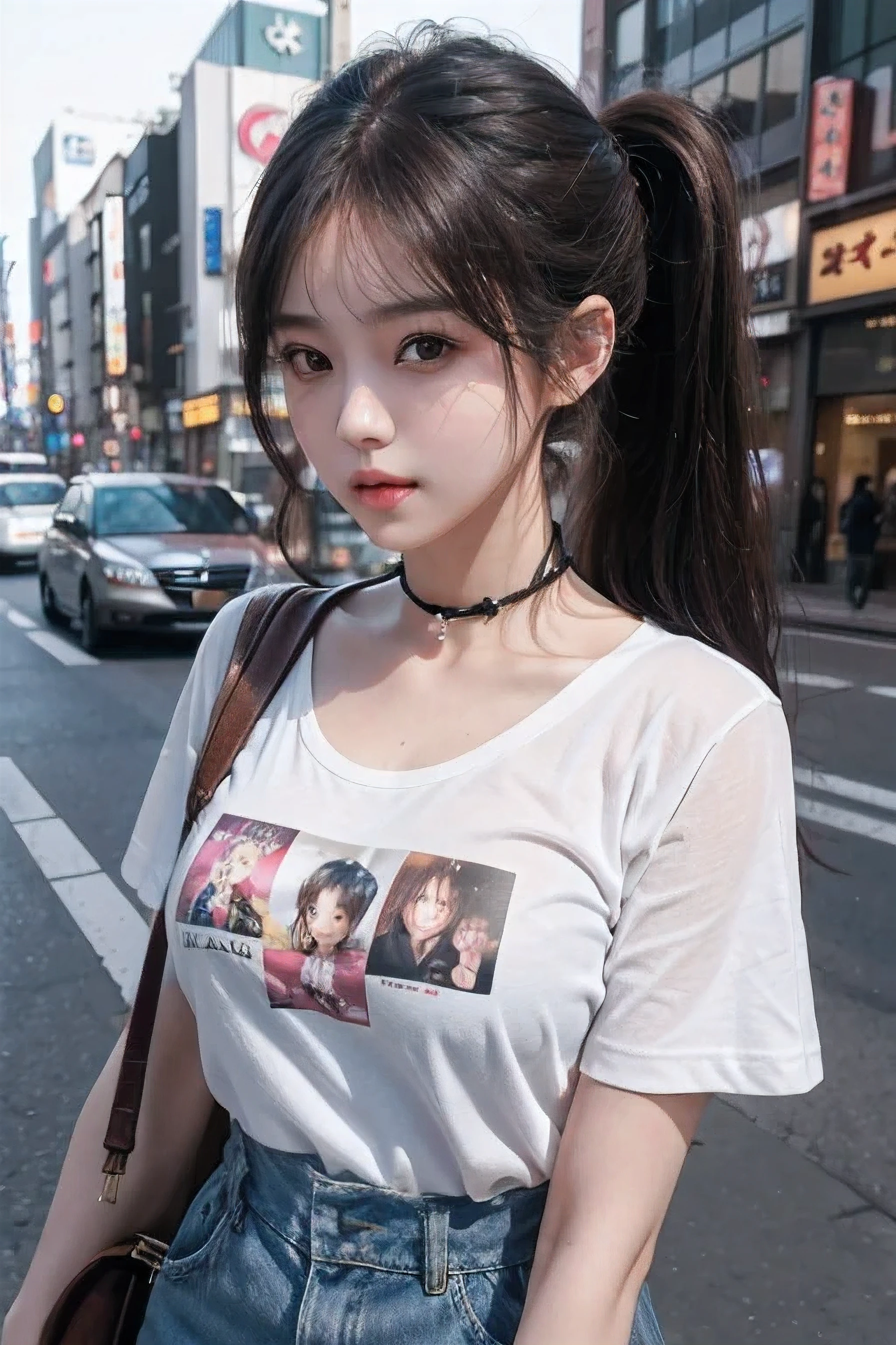 Best Quality Detail:1.2, realisitic, 8K UHD, hight resolution, 1girl in:1.2, The ultra-detailliert, High quality textures, intricate detailes, detaileds, Very detailed CG, High quality shadows, Detail Beautiful delicate face, Detail Beautiful delicate eyes, depth of fields, Ray traching, in her 20s, Pretty Kpop Girl, Korean Urzan Face:1.1, Slender face, ulzzang -6500-v1.1:0.6, pureerosface_v1, gloweyes, teak, Glossy lips, perfectbody, a choker、cleavage of the breast、 Brown hair、poneyTail:1.1, Street, Particle, look at viewr, Photorealsitic:1.4, ultra-detailliert, photos realistic, 4K 8K UHD Full Color RAW Photos, Fuji Film(Medium format:1.2), Hasselblad:1.2, Carl zeiss:1.1, Incredible dynamic range photography(UTIL_Art by Smoose-768:1.1), hight resolution, High pixel count, clear details, crisp image, Natural color reproduction, Noise Reduction, High fidelity, qulity, Software Improvements, Upscaling, Optimized algorithms, Pro-level retouching、((Shibuya, tokyo prefecture))、On the way to shopping、((Fashionable clothes with a very high design))、graphic t-shirt: Art and Logos、Graphic T-shirts printed with anime characters are trending.、Used for unique styling