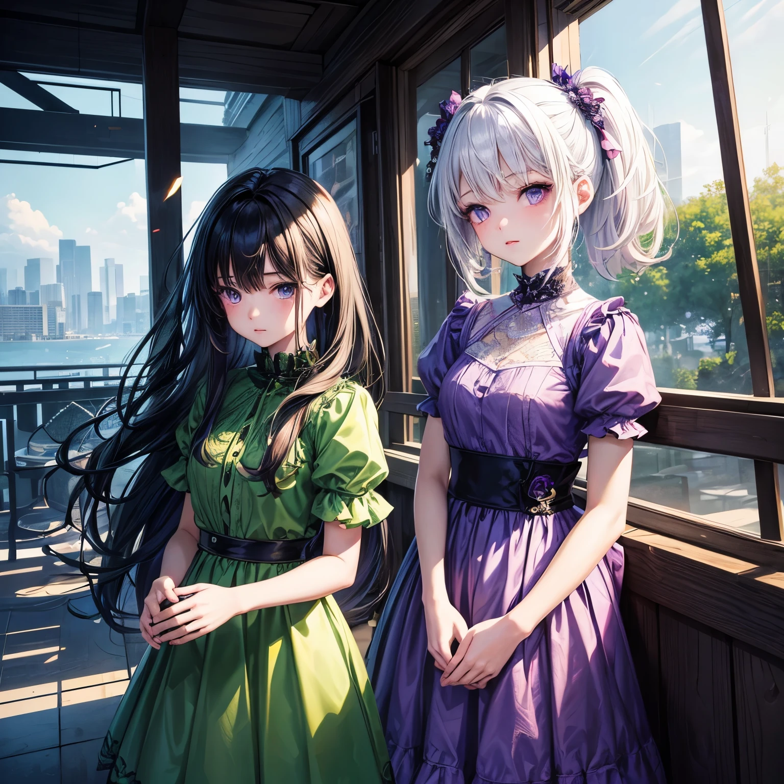 masterpiece、top-quality、ultra-detailliert、Official art、Beautifully Aesthetic、2girl in、glitch art:1.5、colourfull:1.5, one girl with white hair, green eyes, green dress, other girl with black hair, purple eyes, purple dress, couple