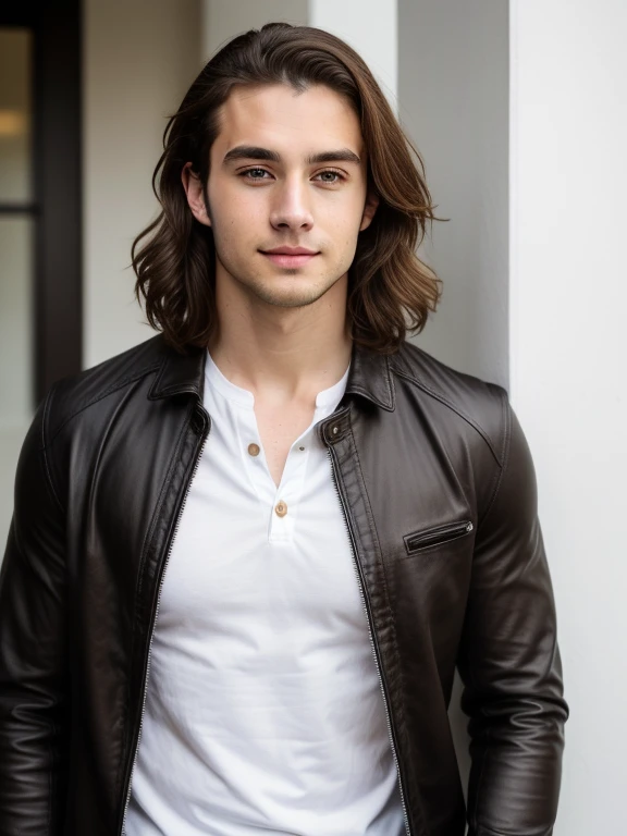 High quality, realistic, handsome strong muscular young 25 year old man, pale white skin, little bit of facial hair, brown long wavy hair, deep brown eyes, looking at the camera, facing forward, tight white shirt with loose buttons, black leather jacket open