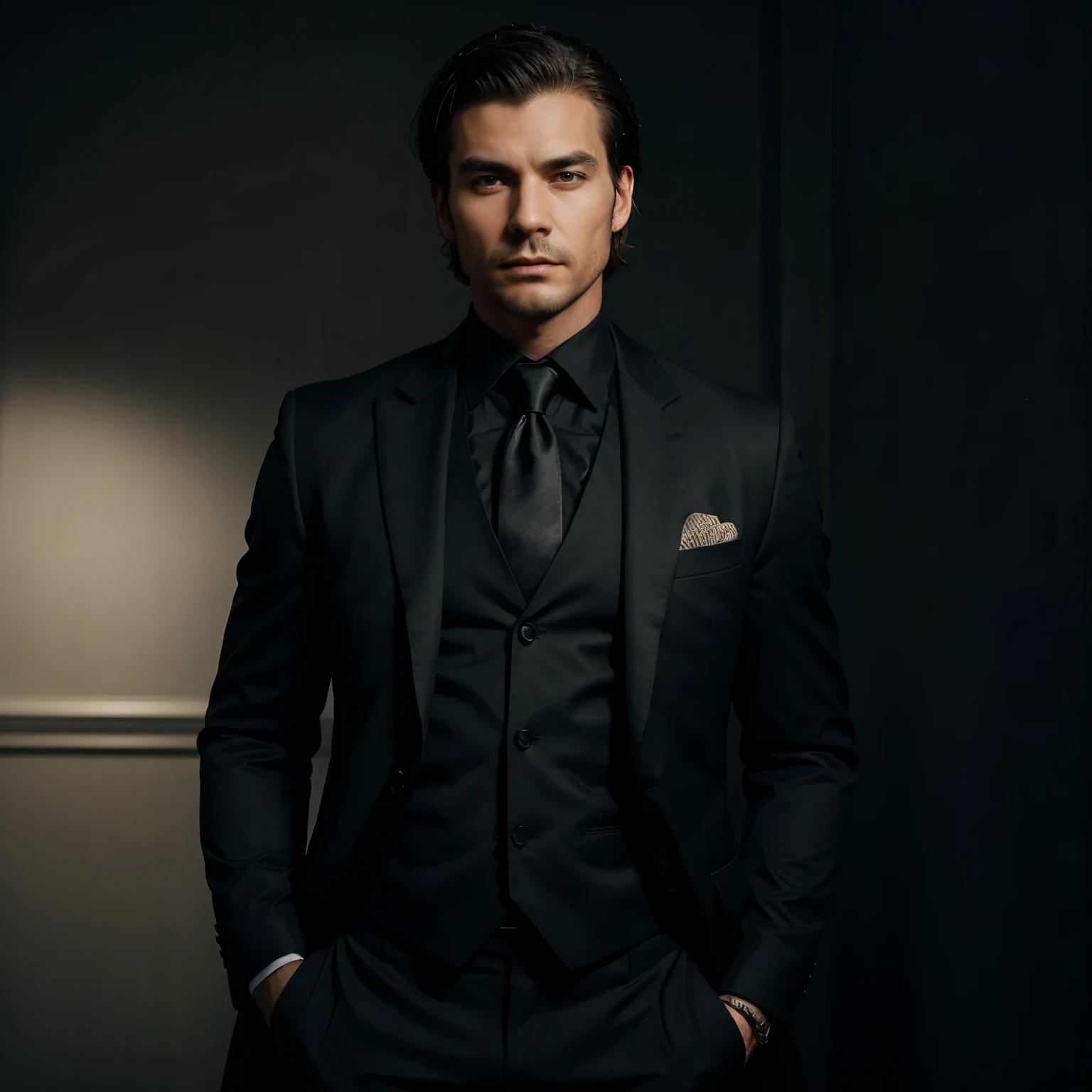 Masculine man wearing a black suit portrait