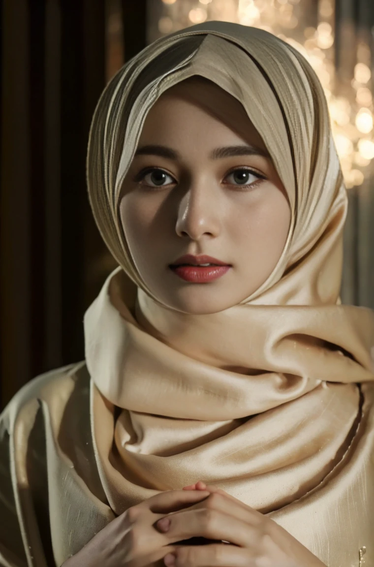 RAW photograph, best quality, masterpiece, an extremely delicate and beautiful, extremely detailed, CG, unity, 8k wallpaper, Amazing detailed, finely detailed, masterpiece, best quality, official art, extremely detailed CG unity 8k wallpaper, ultra-detailed, highres, extremely detailed, clear, focused, (best quality), (realistic, photo-realistic:1.6), 8k, soft lighting, high quality, cinematic lighting, 1girl, centered, wear hijab, long jubba thobbe, covered clothes, perfect fingers, detailed eyes,