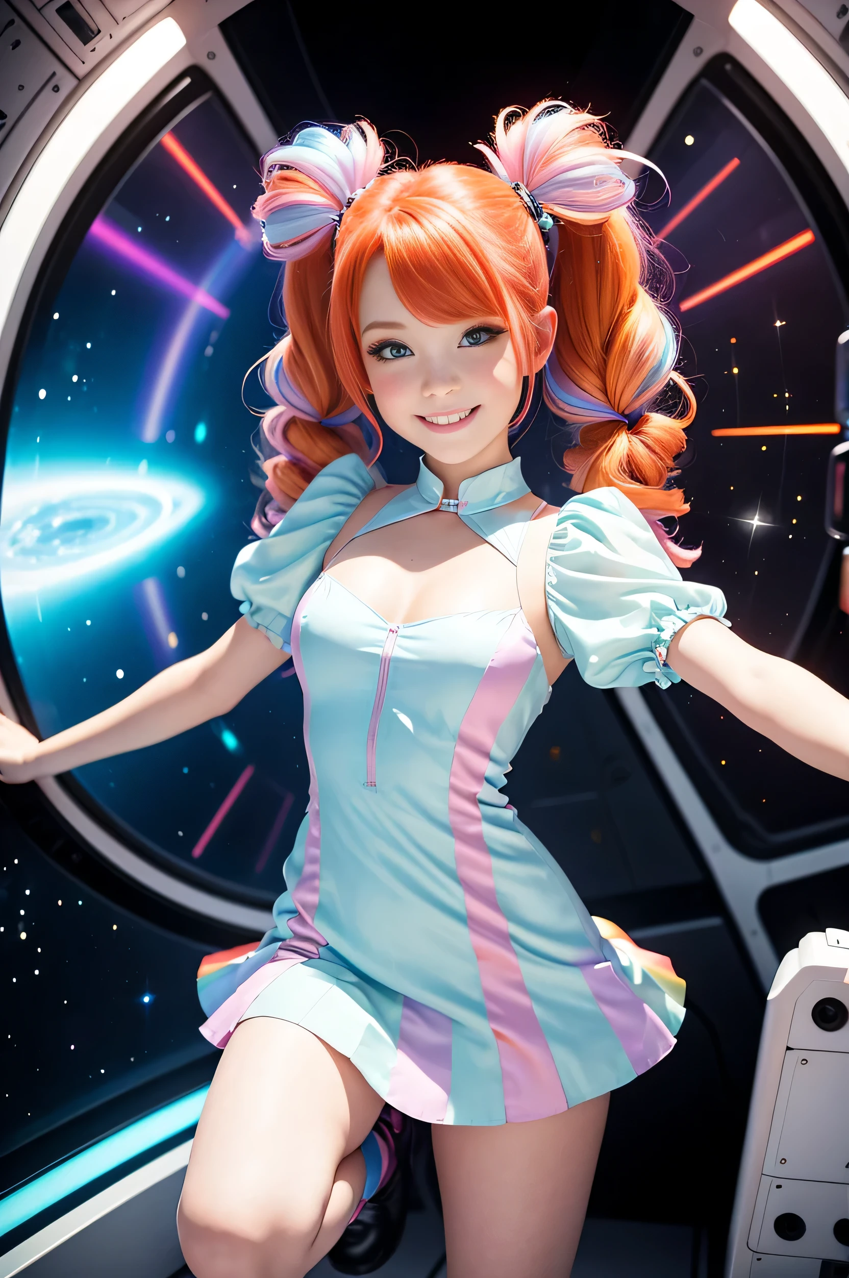 (overhead view) Cute redhead with rainbow colored hair tips, ribbons in her hair, 18-year-old woman, happy, smiling, in twin tails, perfect eyes, clear sparkling blue eyes, pale skin, silky smooth skin, flying a fancy metal luxurious space ship, futuristic cockpit, she's a pilot, outer space, stars in background, dark warm lighting, wearing a futuristic party dress, pleated (chemise) mini dress (pastel rainbow colors, and polka dots), puffy sleeves, silk, wearing full body pantyhose, cute short cut booties, boots.