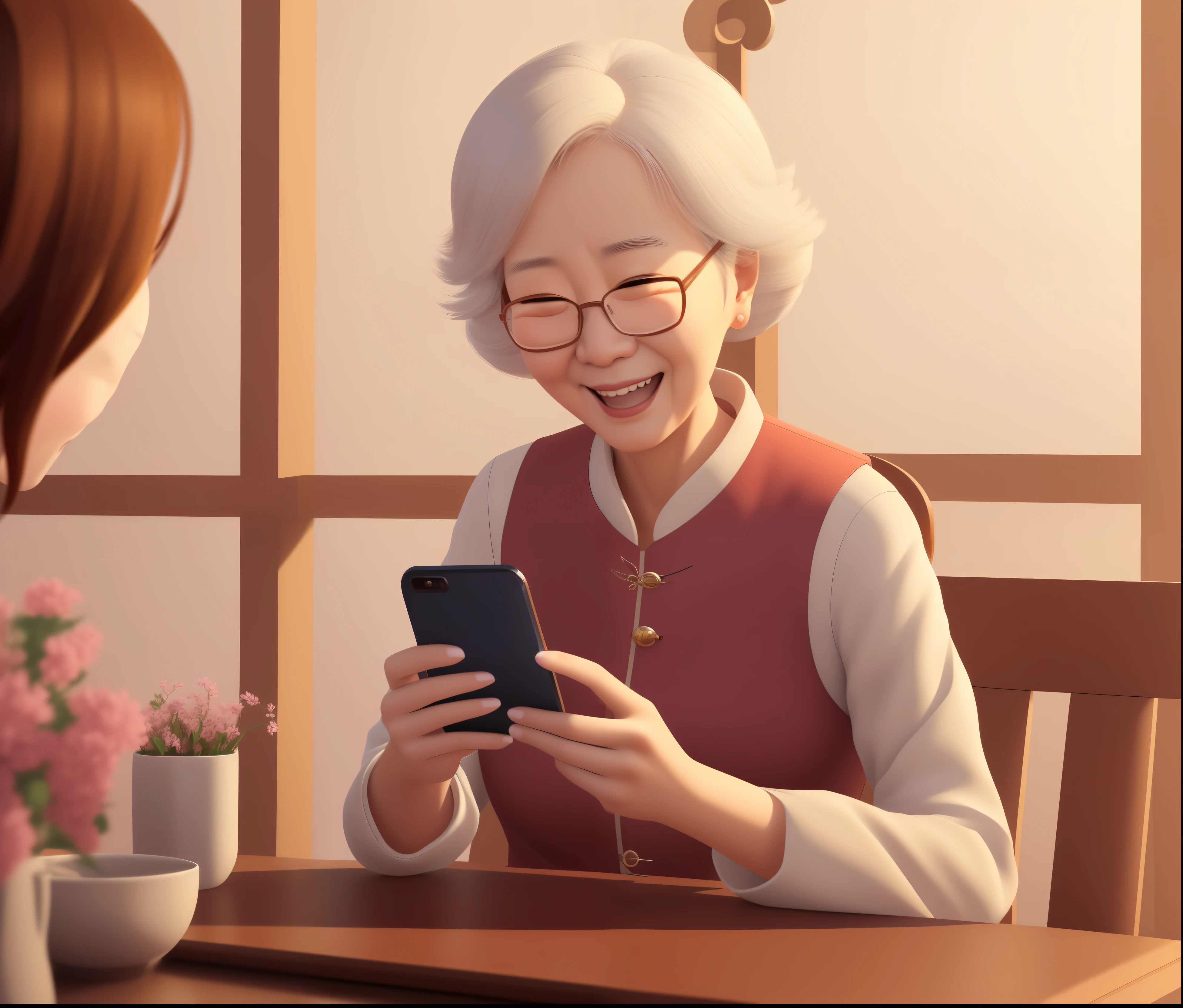 Scene of a woman looking at the table, Digital cartoon art, grandmother, Cartoon numbers, high quality portraits, Digital animated illustration, She holds a smartphone, Lofi portrait, Inspired by Kim Chung Hee, 3d rendering senior artist, Inspired by Yao Tingmei, elegant digital art, Inspired by Ma Yuanyu,leaning toward realism,Spring Festival style,laughing out loud
