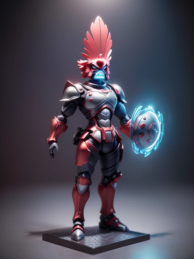 (Blind box toy style:1.3),((Full body shot))(anthropomorphism) , (1 strong rooster metal warrior)(((solo))) metal armor,dreamy glow, Clean dark background,Red cyan style,(circular base)( Global illumination, Ray tracing, hdr, unreal render,reasonable design, high detail, Masterpiece, Best quality, hyper HD, Cinematic lighting)