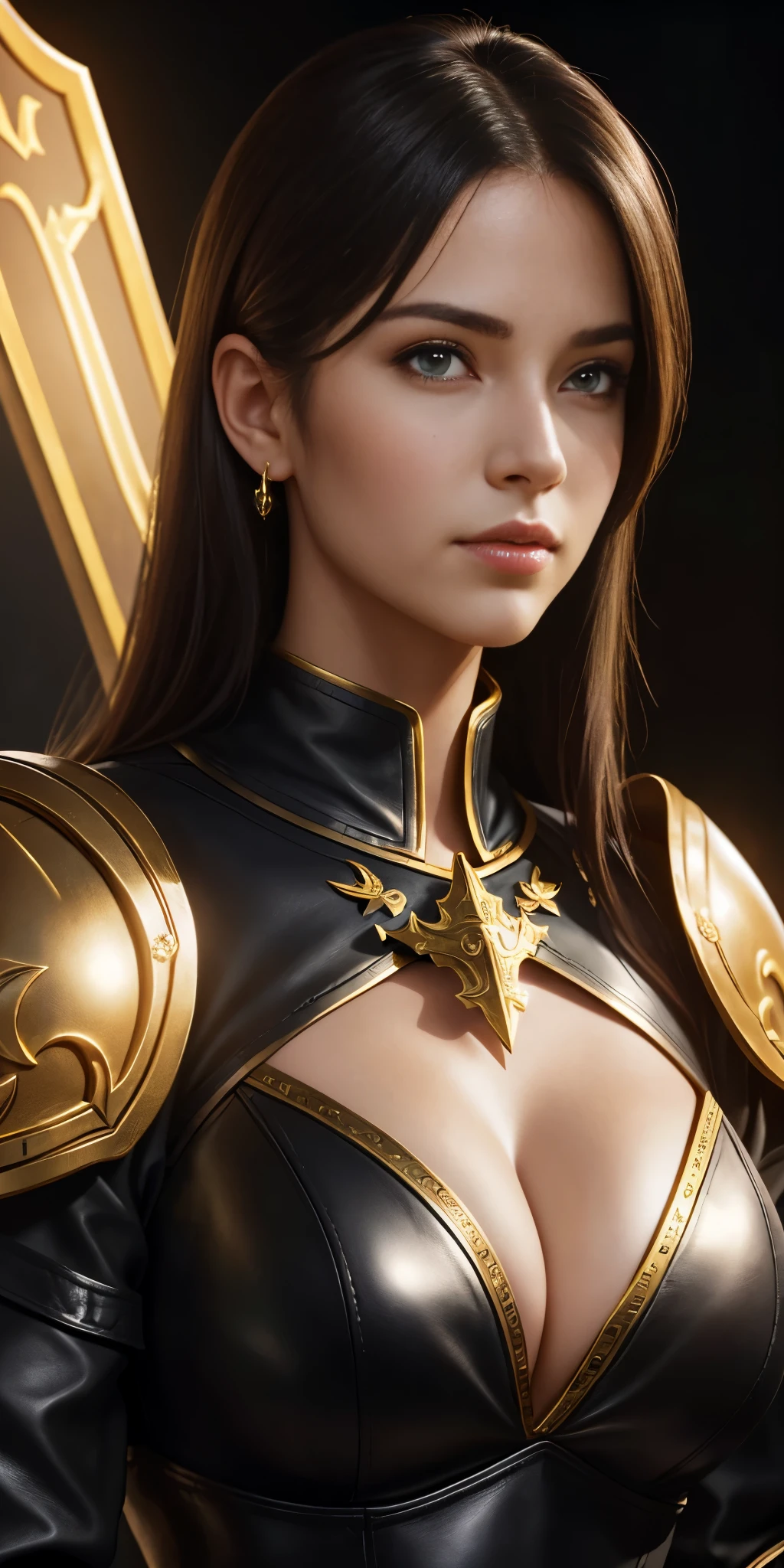 a close up of a woman in a leather black gold outfit, large snoopy breast, cleavage,, cinematic close shot, pretty female cleric, gorgeous female paladin, portrait of female paladin, 