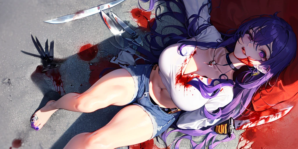 (A knife is stuck in the body:1.6), (Lying on the ground:1.2), Keqing, genshin impact, 1 girl, alone, ((white shirt)), barefoot, huge breasts, cleavage, uniform, ((Killed)), ((From above)), (cinematic lighting), (Put your arms on the ground), ((Sea of Blood)), ((bloody ground)), dutch angle, ((Bloody Body)), ((blood on their clothes)), ((rape face)), (((horror))), ((Open your eyes:1.3), office background, denim shorts, office, hair between eyes, messy hair, large chest, long hair, purple hair, choker, pierce, ear piercing, lip piercing, purple short nails, purple eyes, alone, (Thin knees, thick thighs), very long hair, ((masterpiece)), name tag, id tag